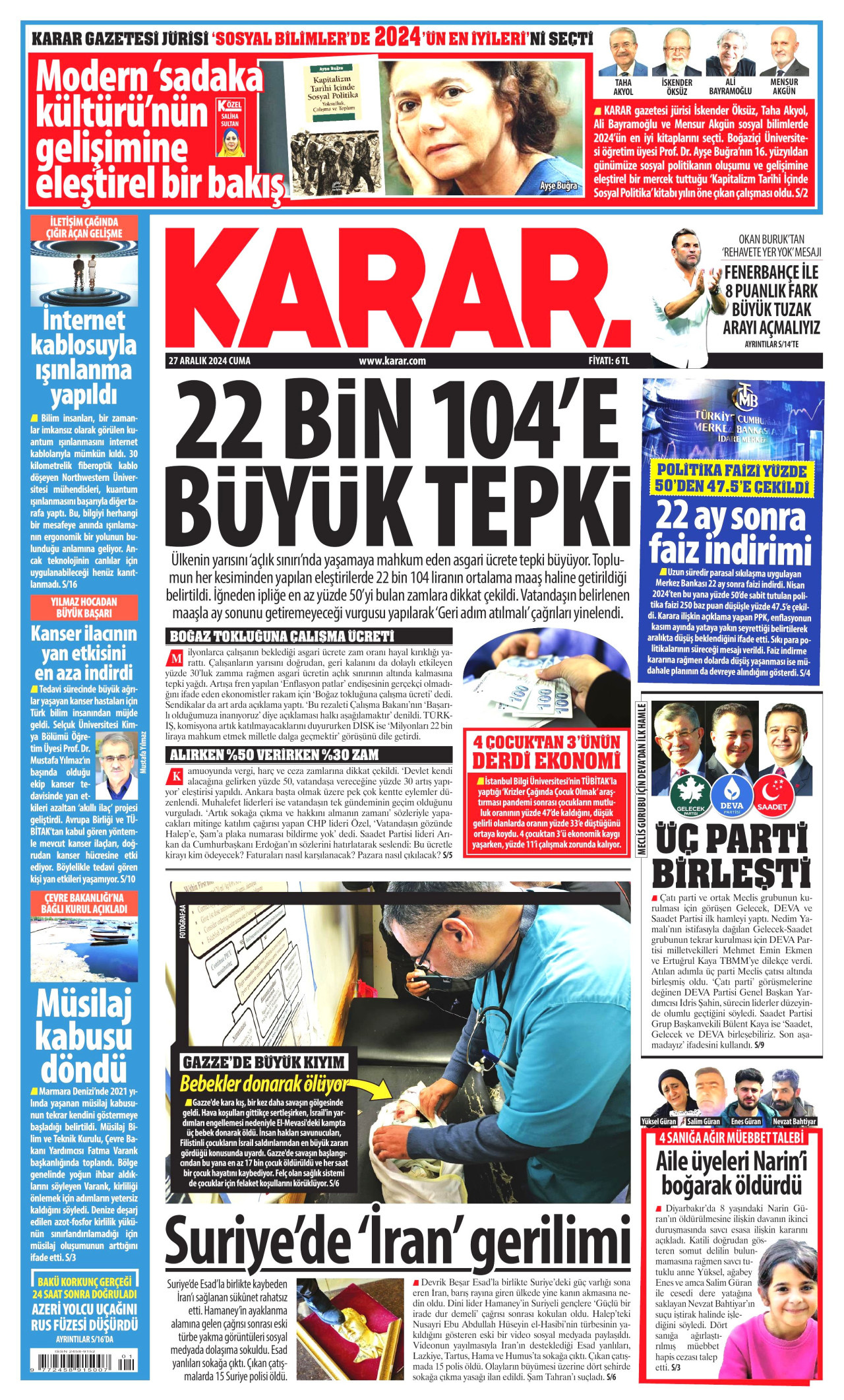 KARAR gazetesinin 27 Aralık 2024 tarihli birinci sayfası