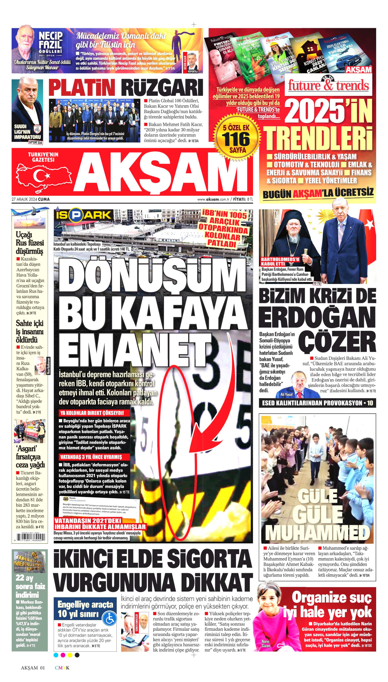 AKŞAM gazetesinin 27 Aralık 2024 tarihli birinci sayfası