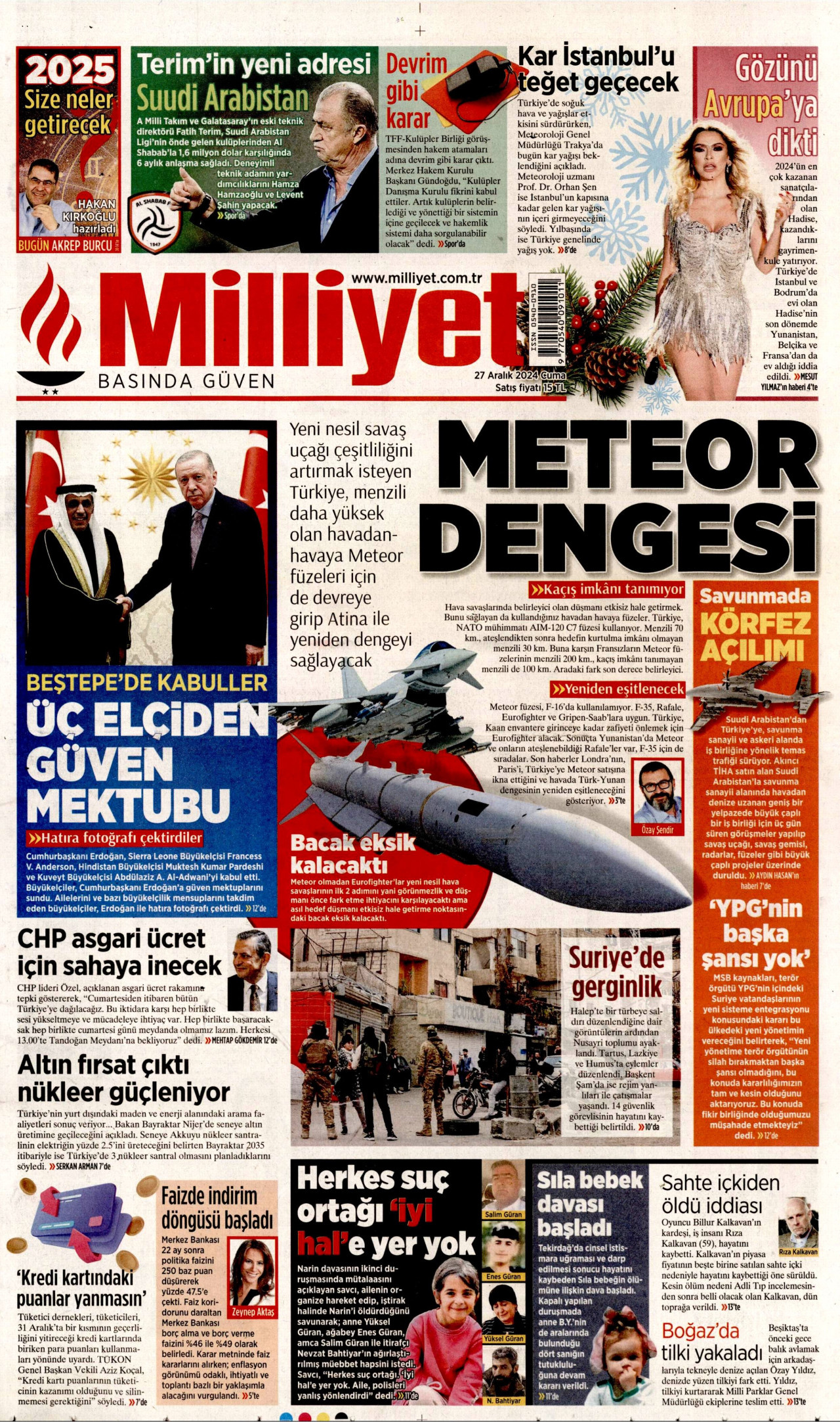 MİLLİYET gazetesinin 27 Aralık 2024 tarihli birinci sayfası