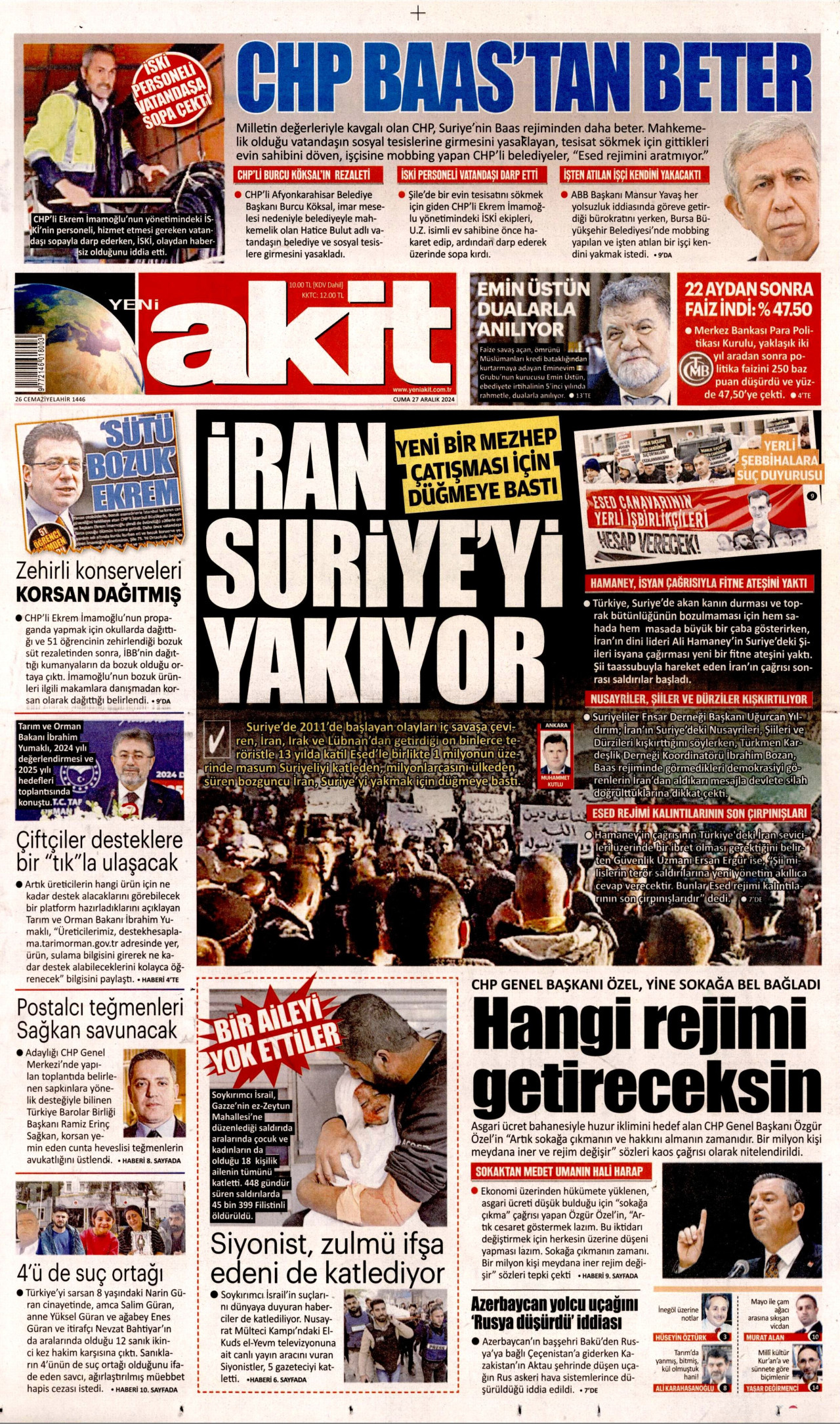 YENİ AKİT gazetesinin 27 Aralık 2024 tarihli birinci sayfası