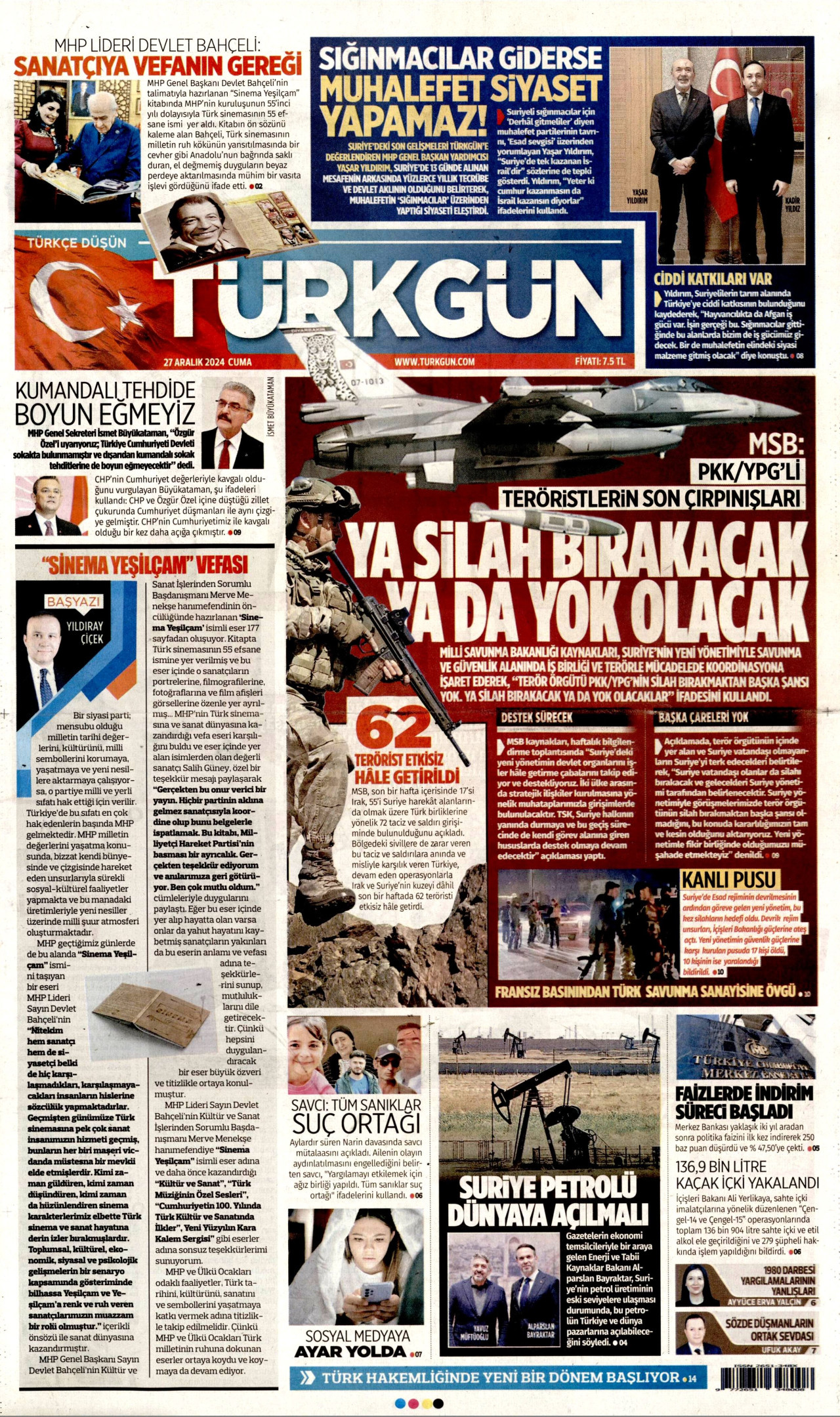 TÜRKGÜN gazetesinin 27 Aralık 2024 tarihli birinci sayfası