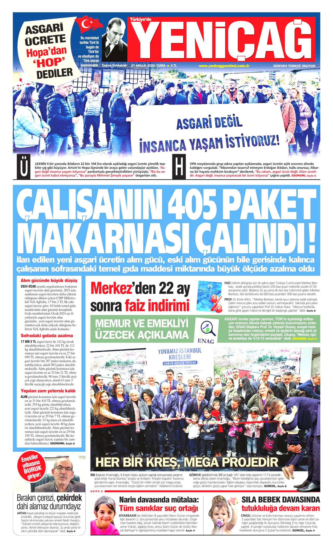 YENİÇAĞ gazetesinin 27 Aralık 2024 tarihli birinci sayfası