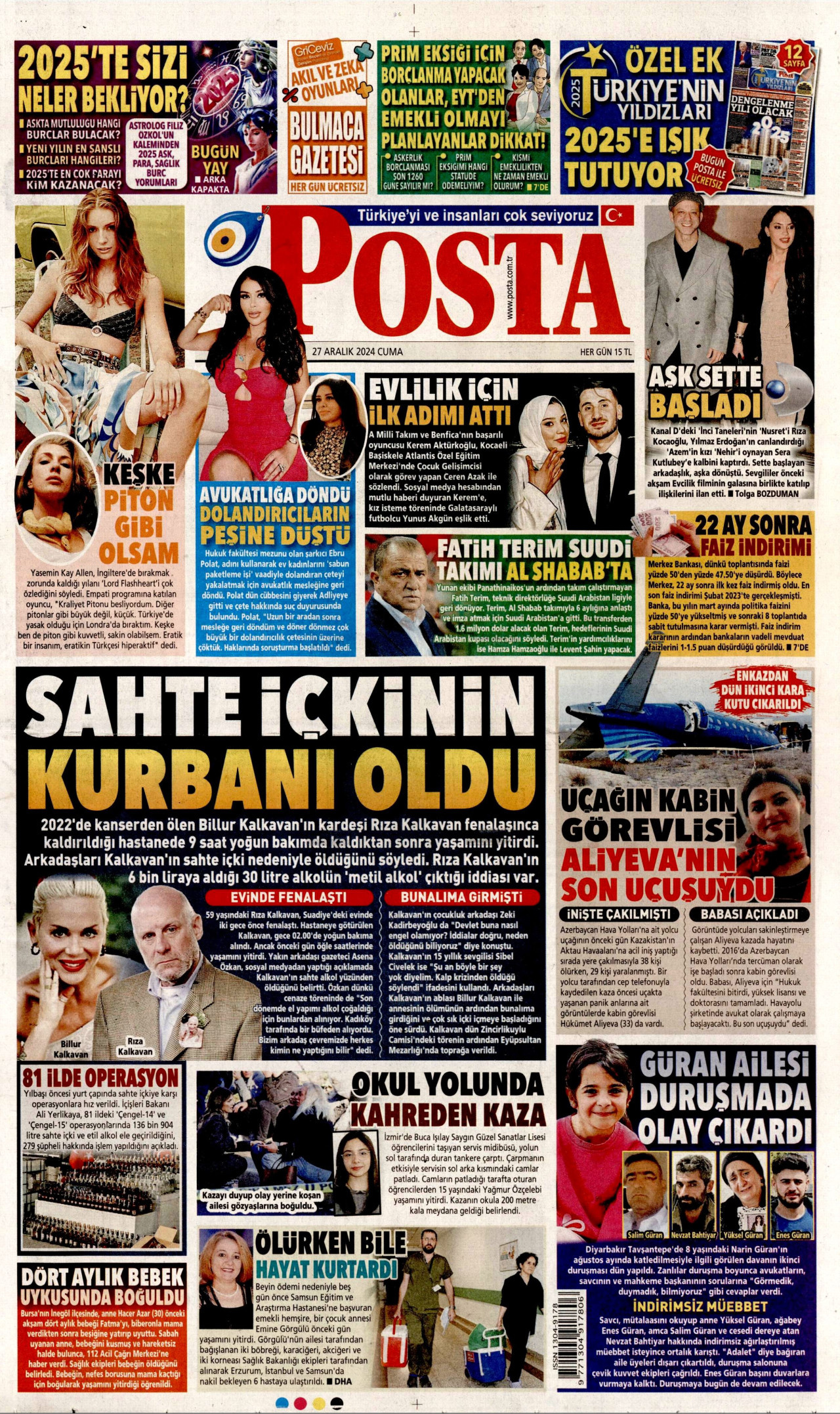 POSTA gazetesinin 27 Aralık 2024 tarihli birinci sayfası