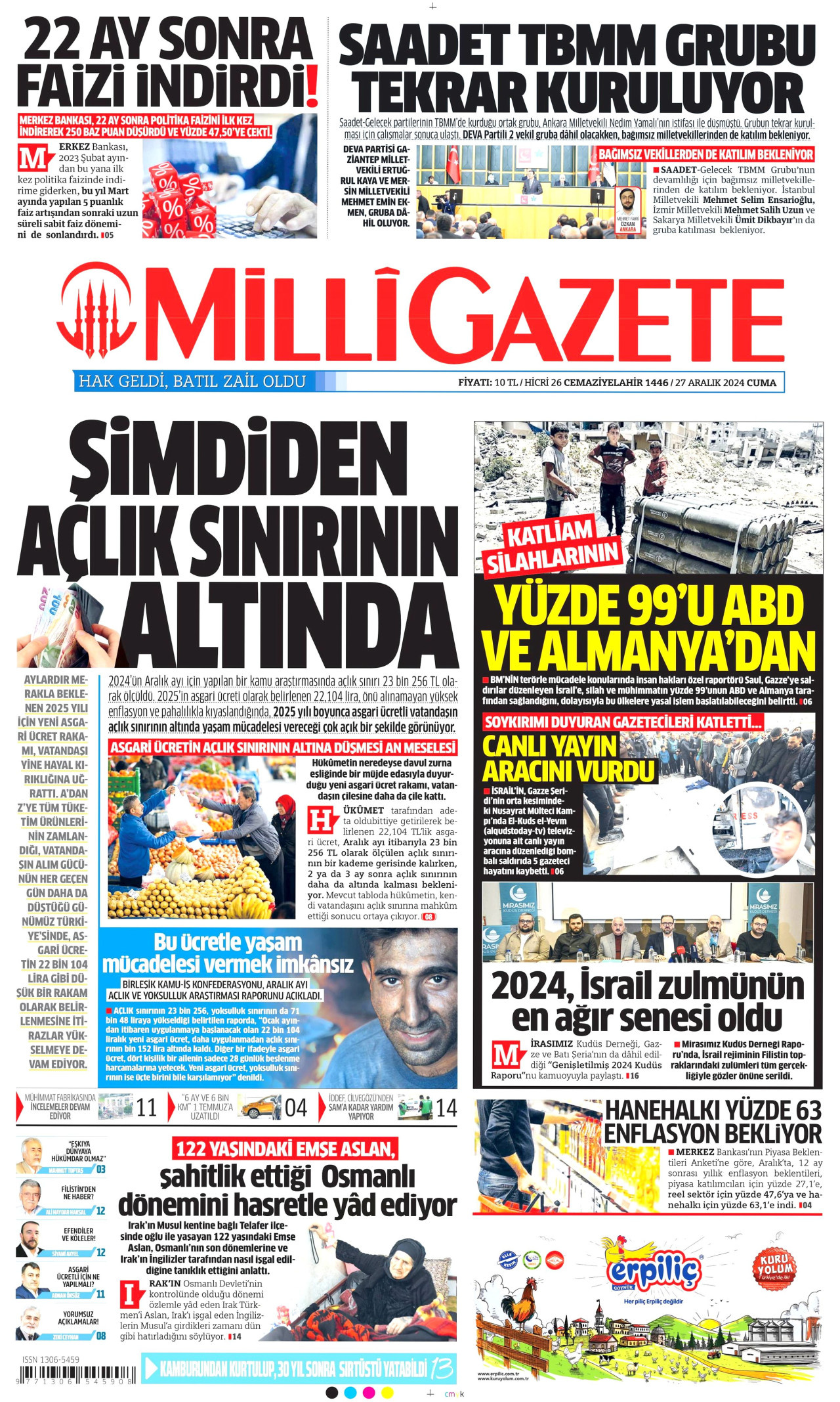 MİLLİ GAZETE gazetesinin 27 Aralık 2024 tarihli birinci sayfası