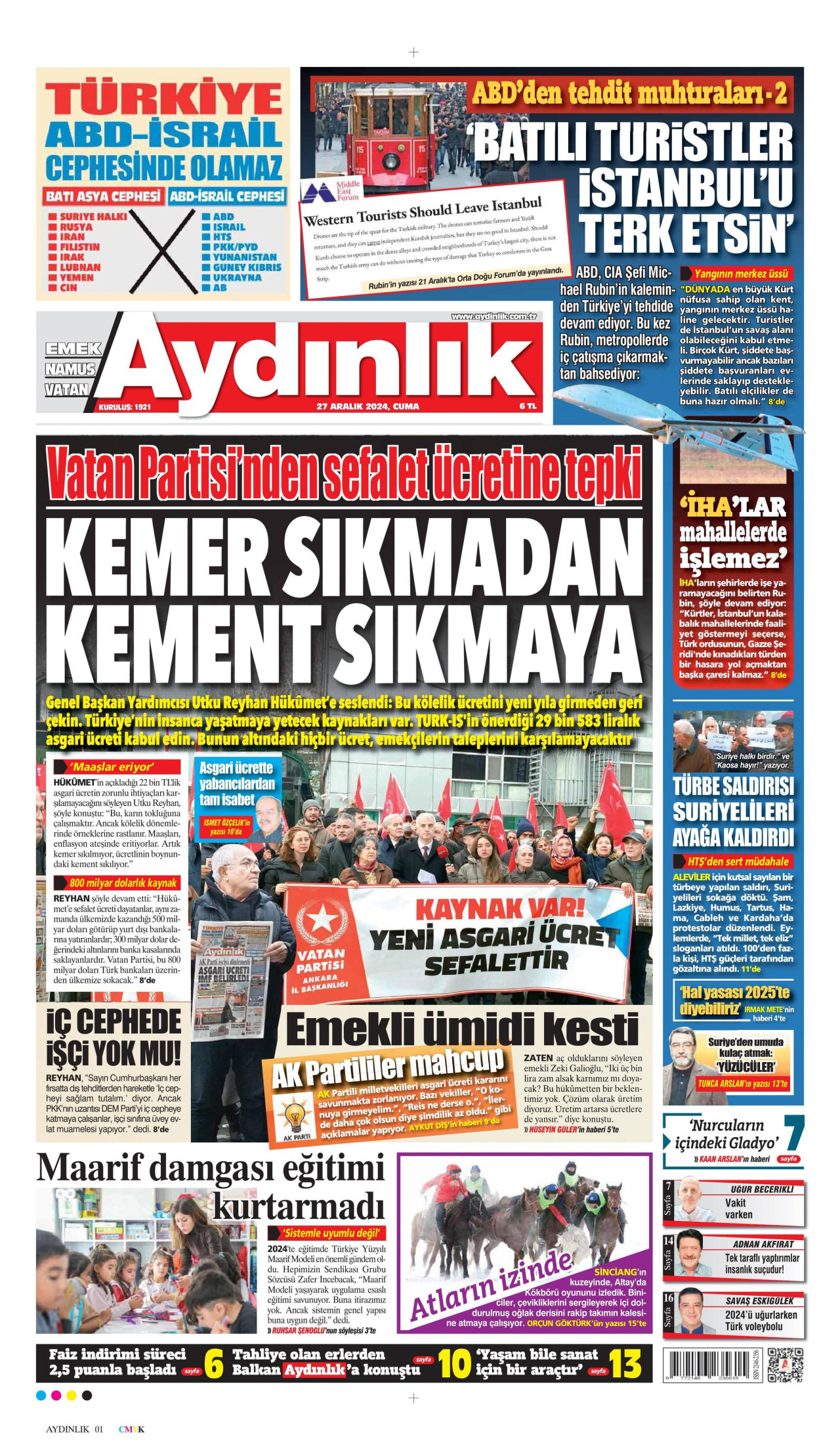 AYDINLIK GAZETESİ gazetesinin 27 Aralık 2024 tarihli birinci sayfası