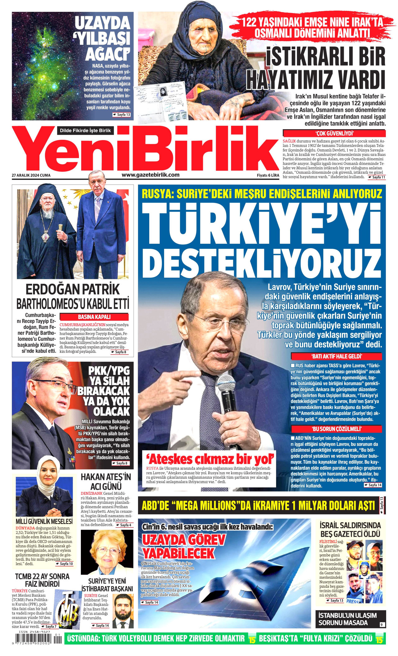 YENİBİRLİK gazetesinin 27 Aralık 2024 tarihli birinci sayfası