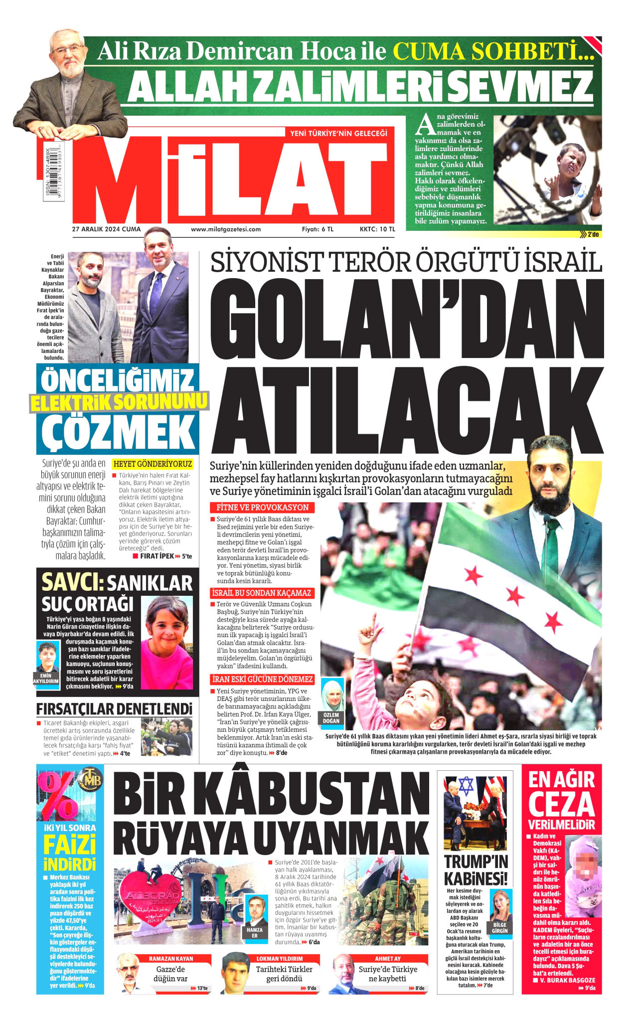 MİLAT gazetesinin 27 Aralık 2024 tarihli birinci sayfası