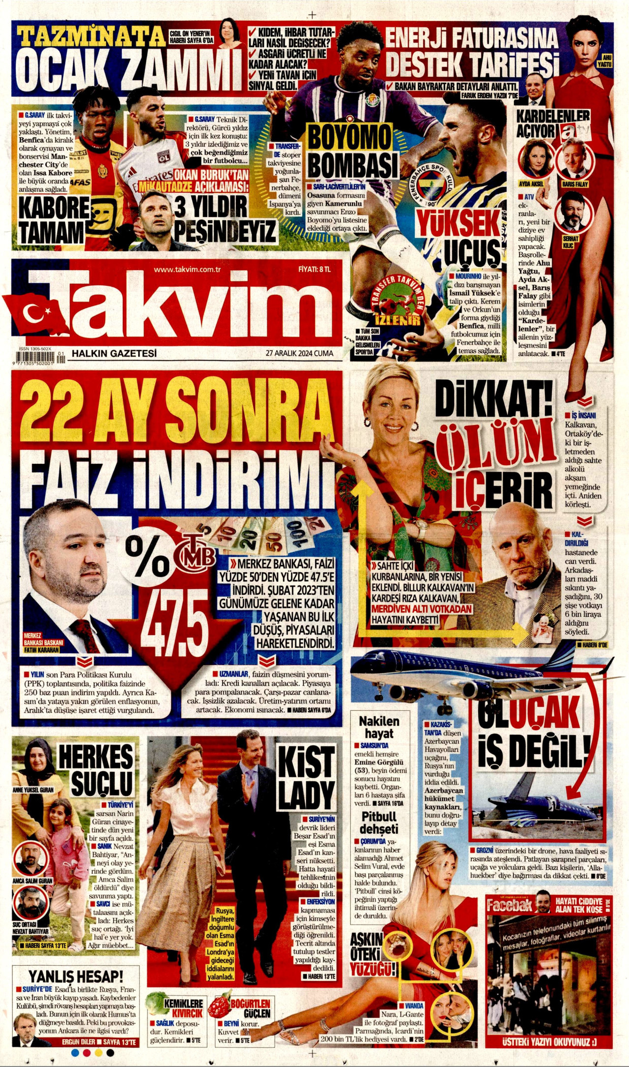 TAKVİM gazetesinin 27 Aralık 2024 tarihli birinci sayfası