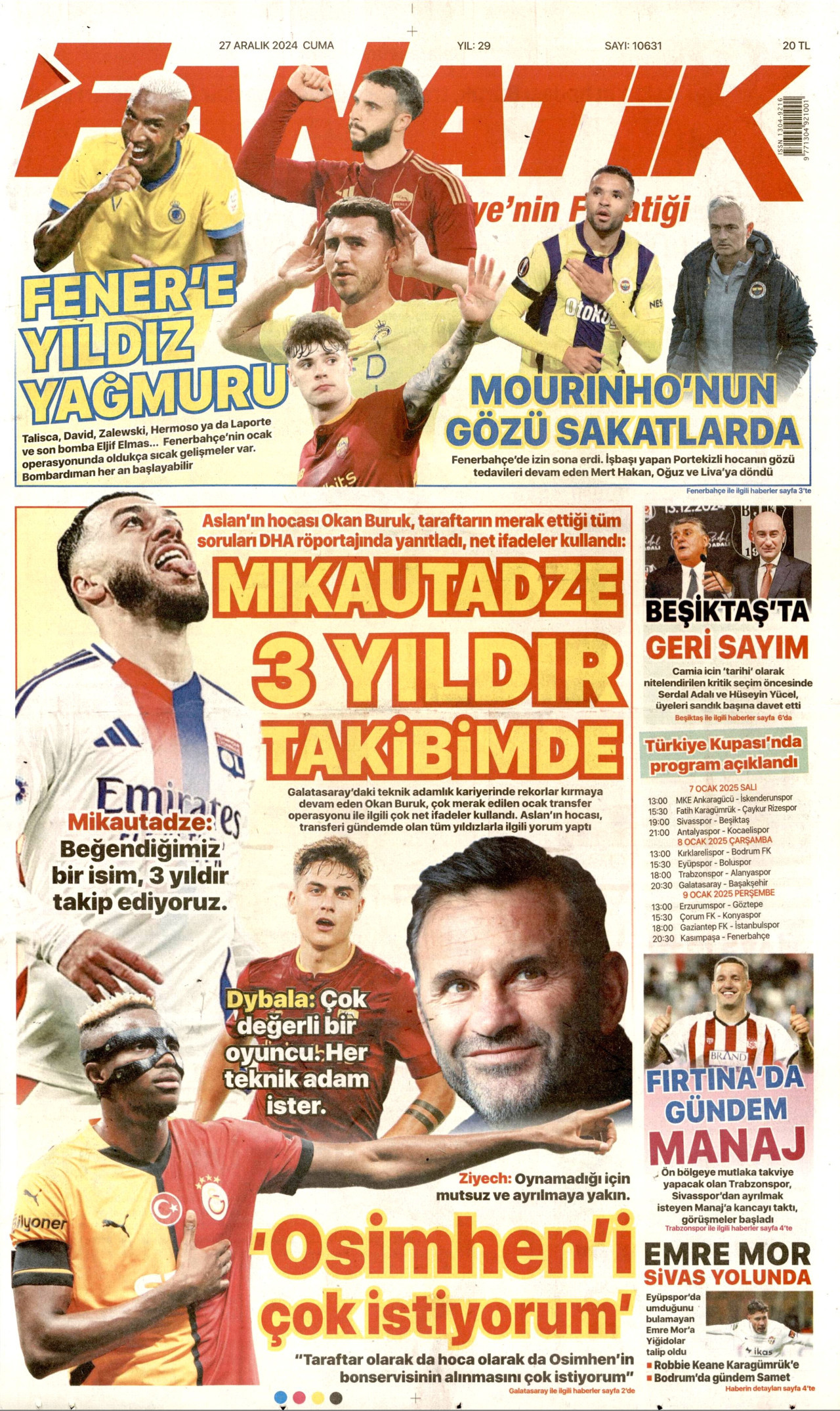 FANATİK gazetesinin 27 Aralık 2024 tarihli birinci sayfası