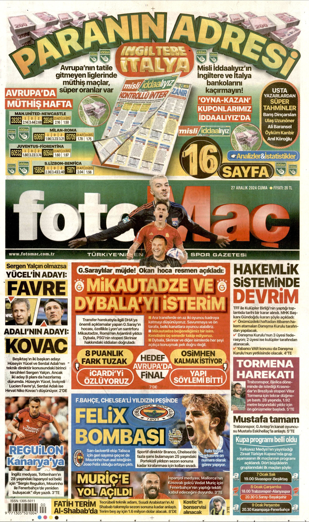 FOTOMAÇ gazetesinin 27 Aralık 2024 tarihli birinci sayfası