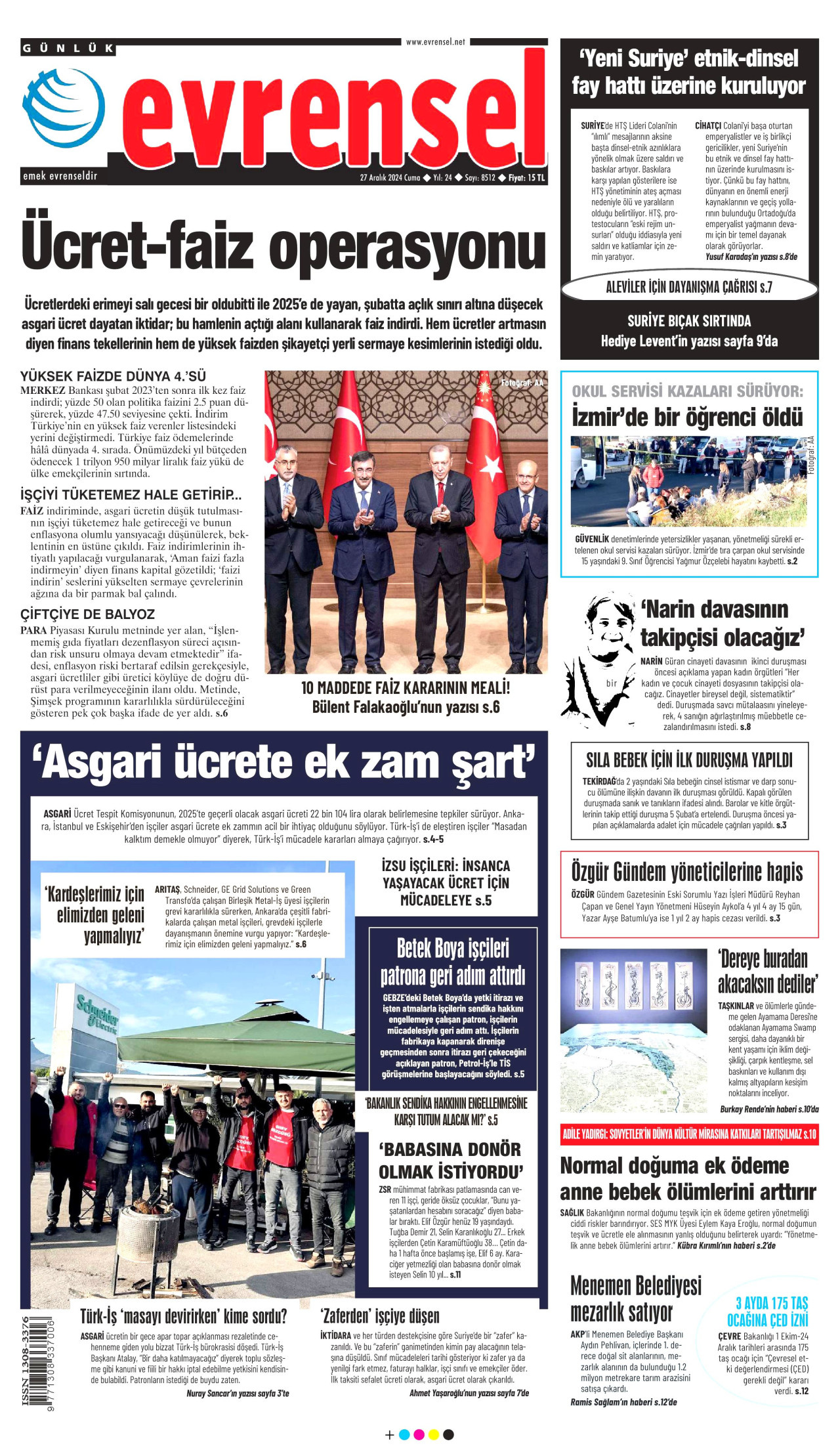 EVRENSEL gazetesinin 27 Aralık 2024 tarihli birinci sayfası