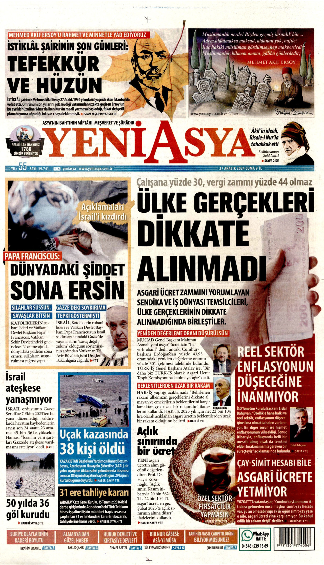 YENİ ASYA gazetesinin 27 Aralık 2024 tarihli birinci sayfası
