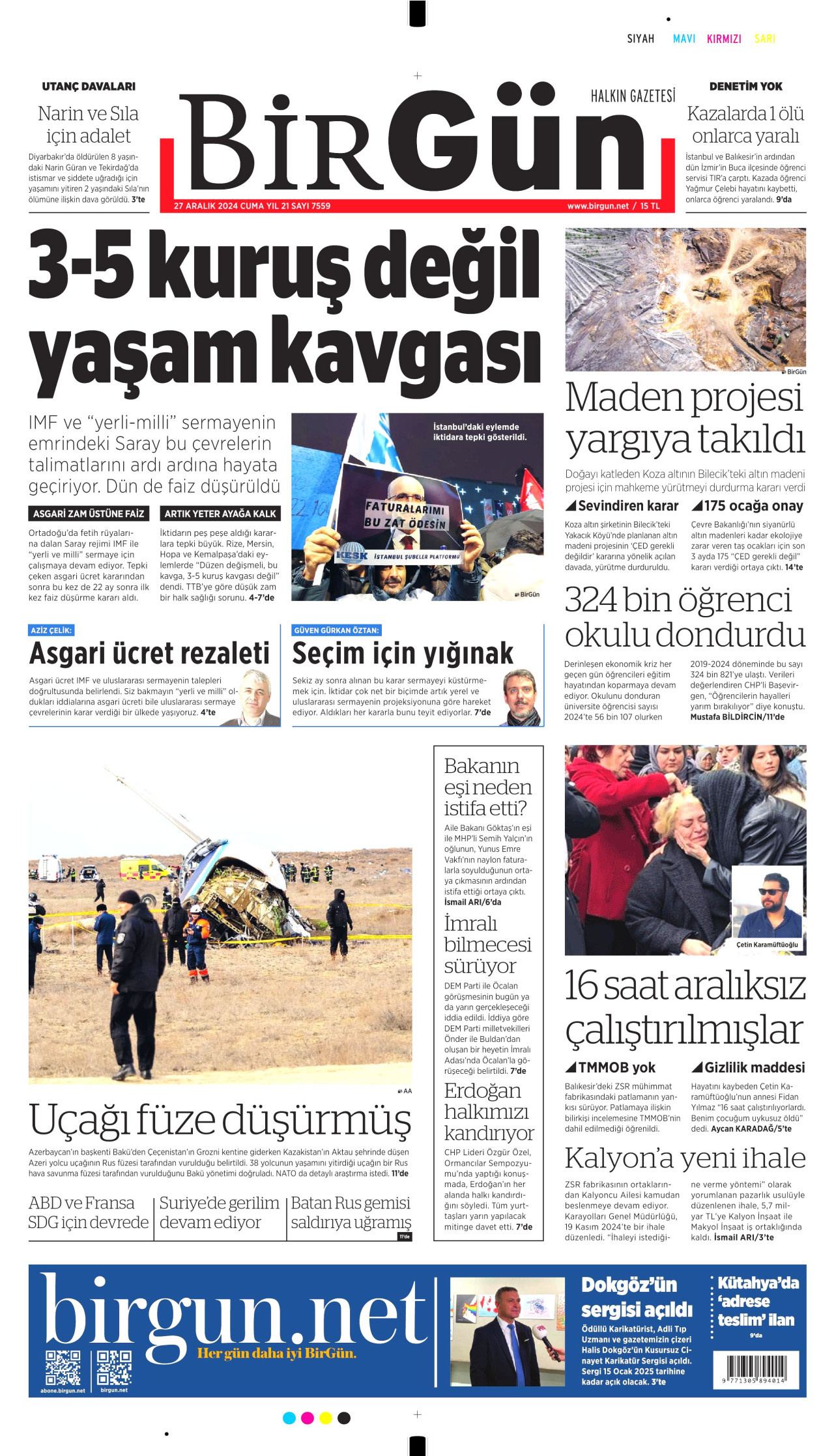 BİRGÜN gazetesinin 27 Aralık 2024 tarihli birinci sayfası