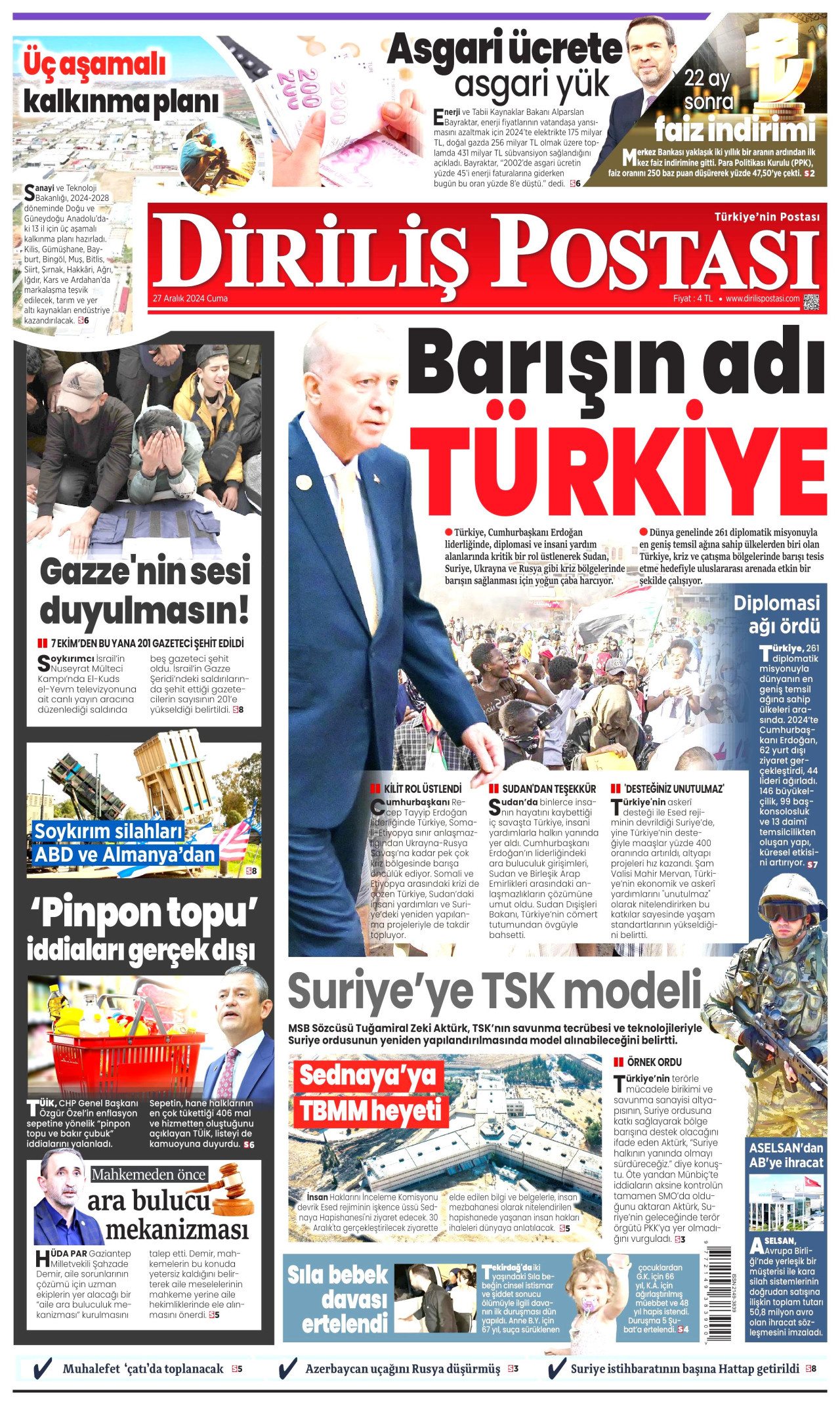 DİRİLİŞ POSTASI gazetesinin 27 Aralık 2024 tarihli birinci sayfası