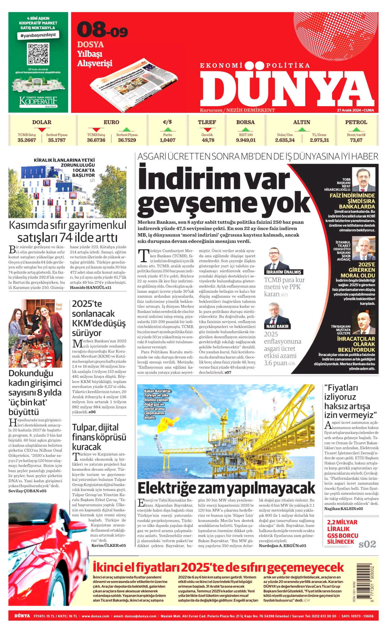DÜNYA gazetesinin 27 Aralık 2024 tarihli birinci sayfası