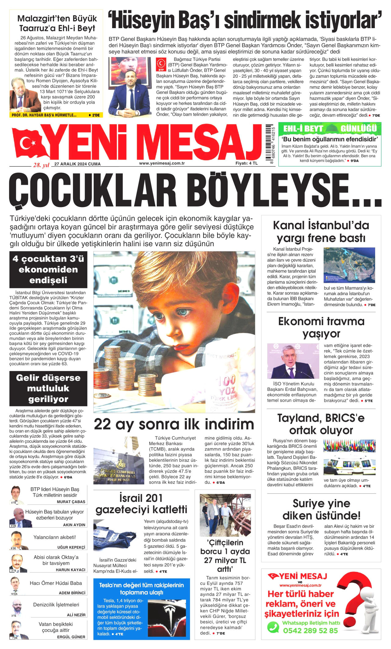YENİ MESAJ gazetesinin 27 Aralık 2024 tarihli birinci sayfası
