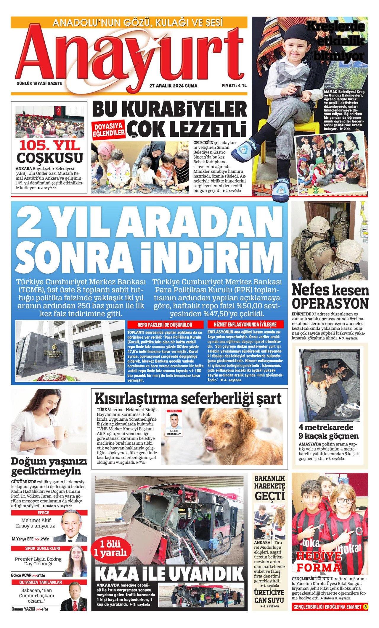 ANAYURT gazetesinin 27 Aralık 2024 tarihli birinci sayfası