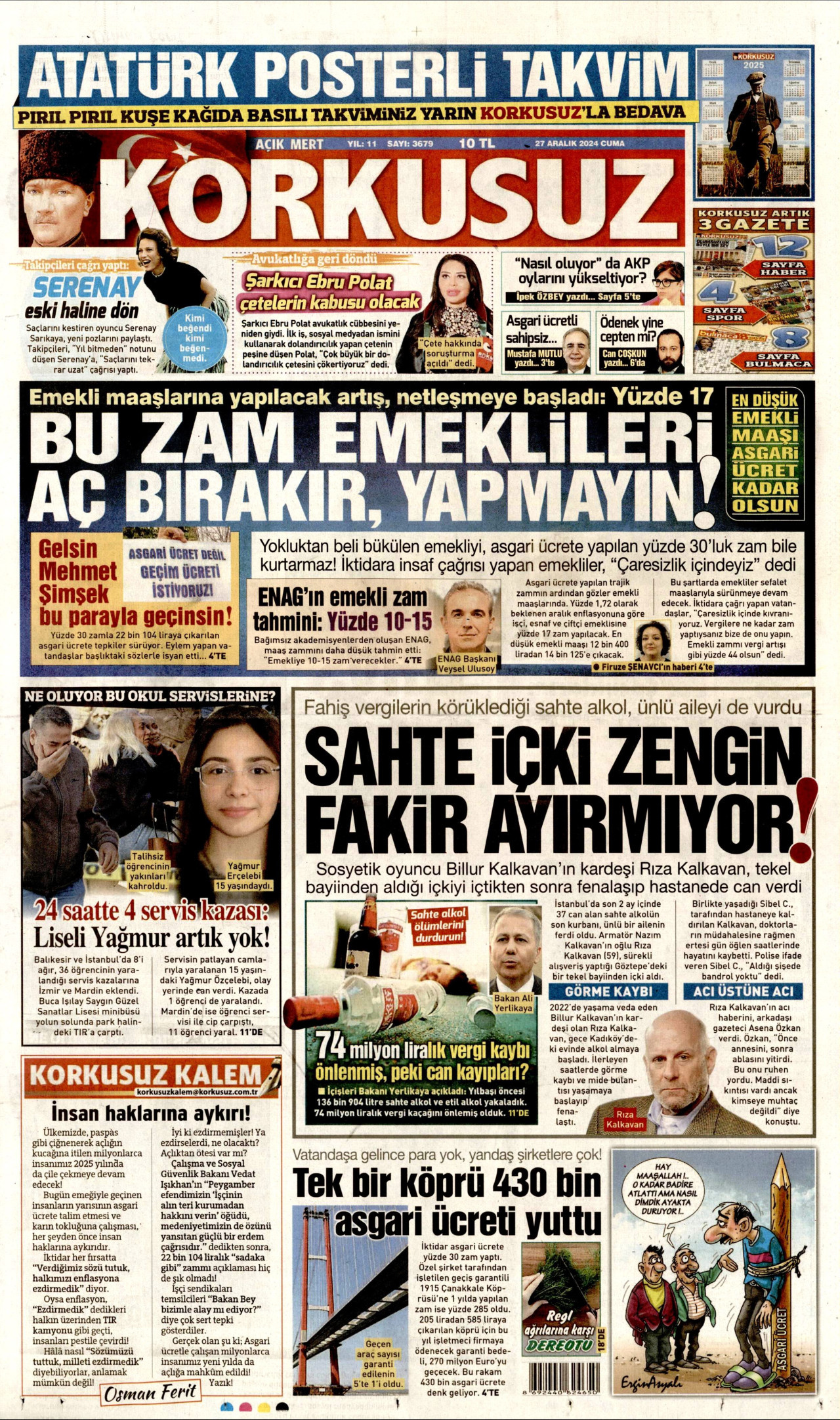 KORKUSUZ gazetesinin 27 Aralık 2024 tarihli birinci sayfası