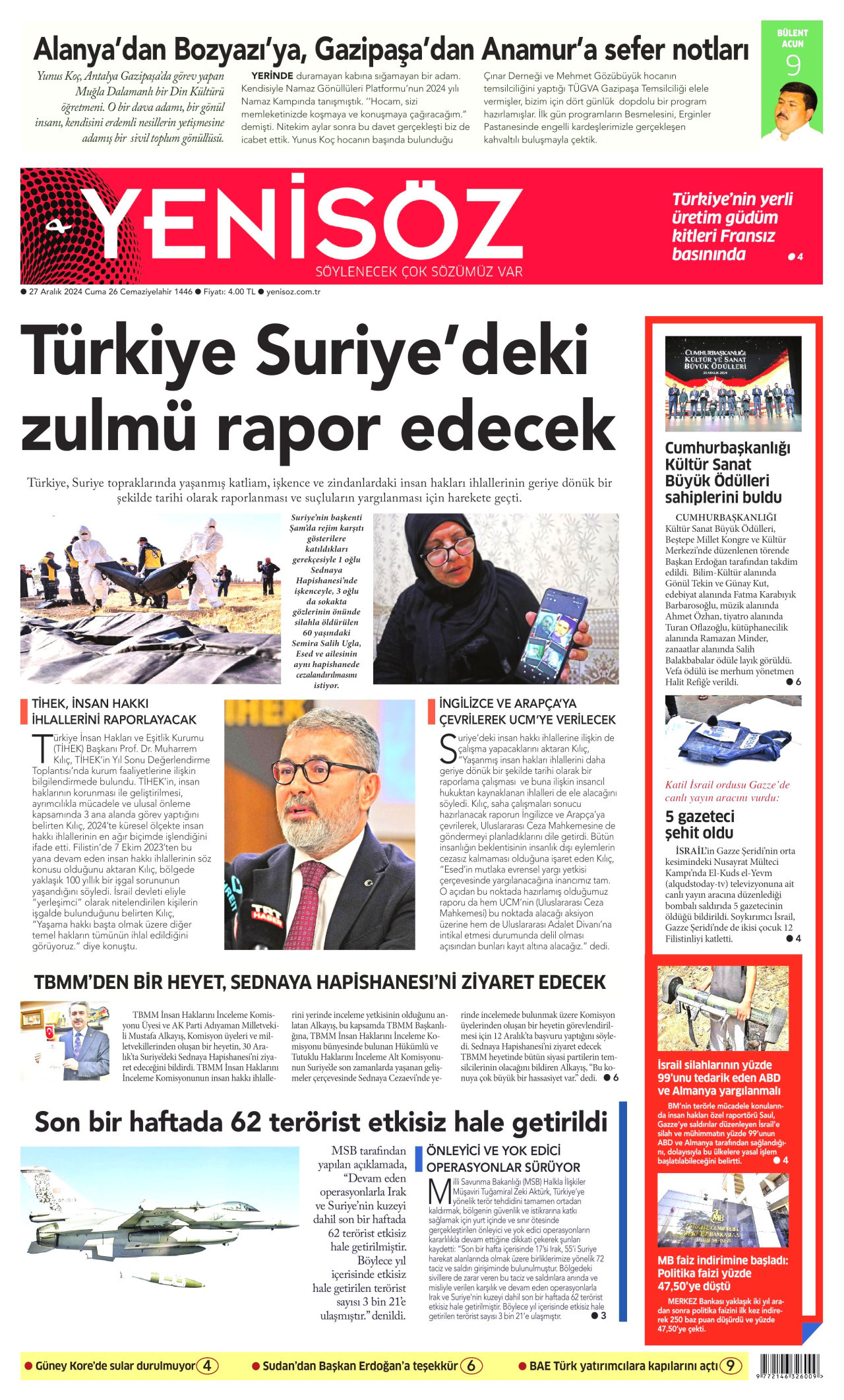 YENİ SÖZ GAZETESİ gazetesinin 27 Aralık 2024 tarihli birinci sayfası