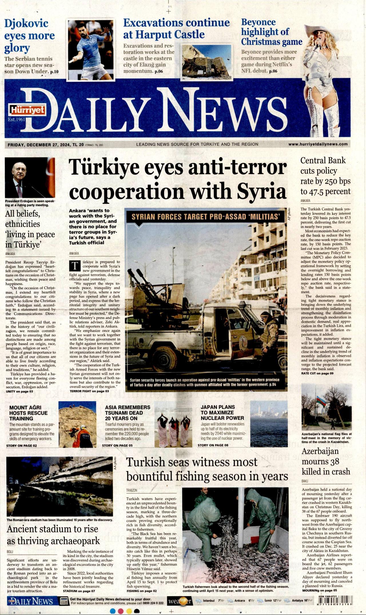 HÜRRİYET DAİLY NEWS gazetesinin 27 Aralık 2024 tarihli birinci sayfası