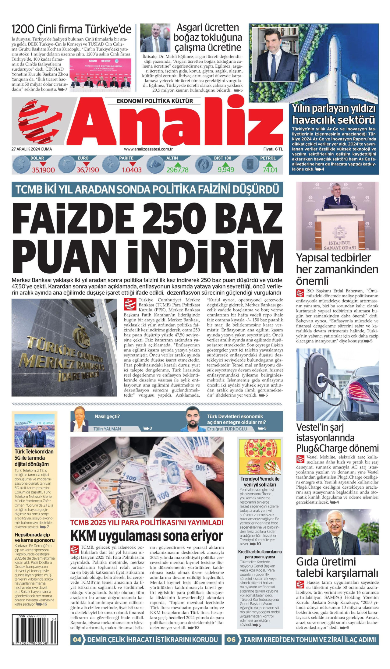 ANALİZ gazetesinin 27 Aralık 2024 tarihli birinci sayfası