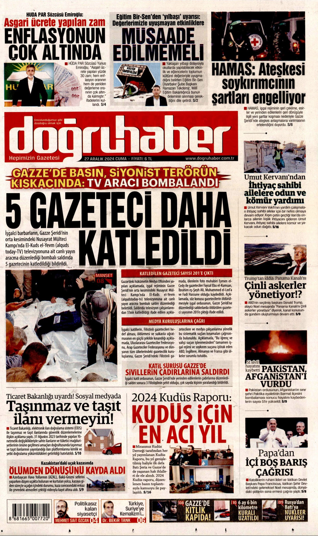 DOĞRU HABER gazetesinin 27 Aralık 2024 tarihli birinci sayfası
