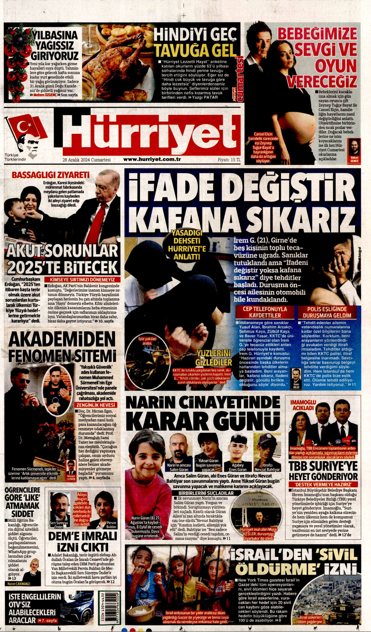 HÜRRİYET gazetesinin 28 Aralık 2024 tarihli birinci sayfası