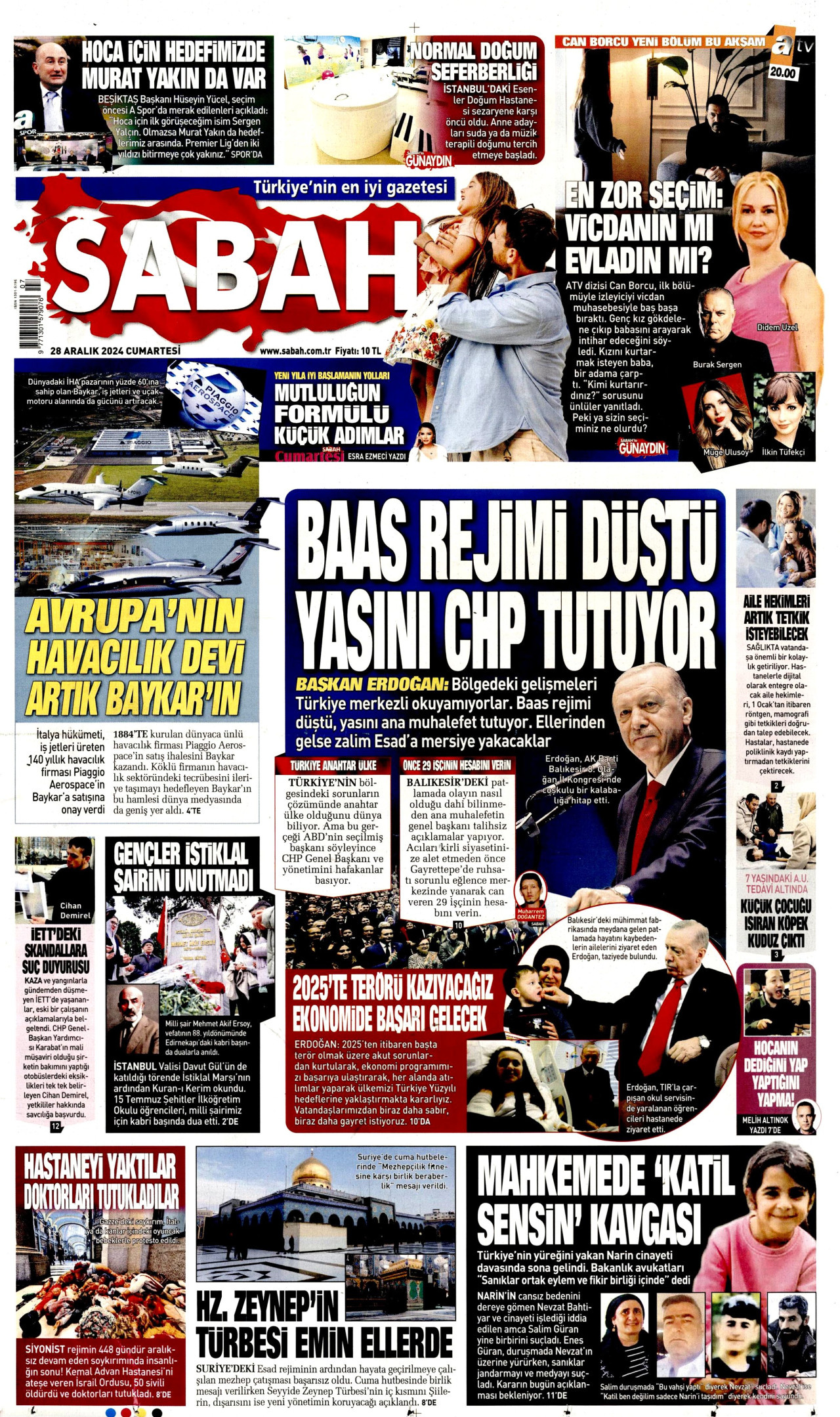SABAH gazetesinin 28 Aralık 2024 tarihli birinci sayfası
