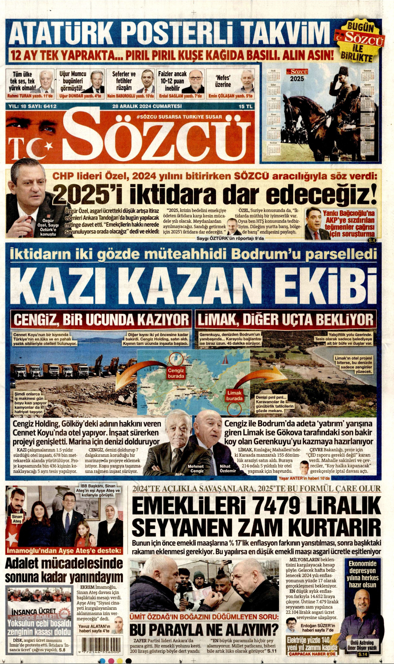SÖZCÜ gazetesinin 28 Aralık 2024 tarihli birinci sayfası