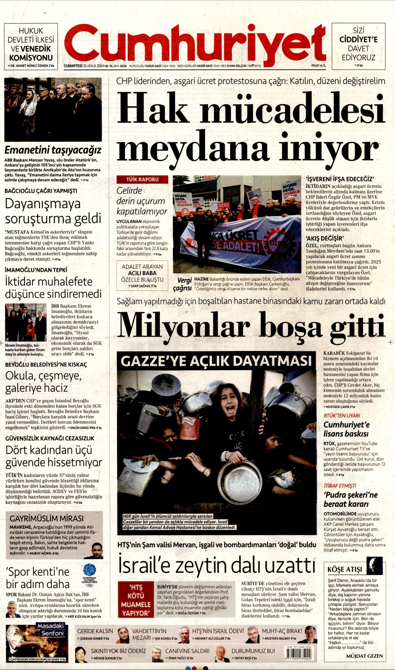 CUMHURİYET gazetesinin 28 Aralık 2024 tarihli birinci sayfası
