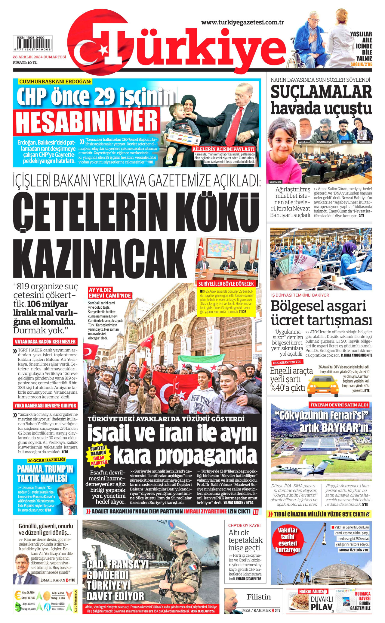 TÜRKİYE GAZETESİ gazetesinin 28 Aralık 2024 tarihli birinci sayfası