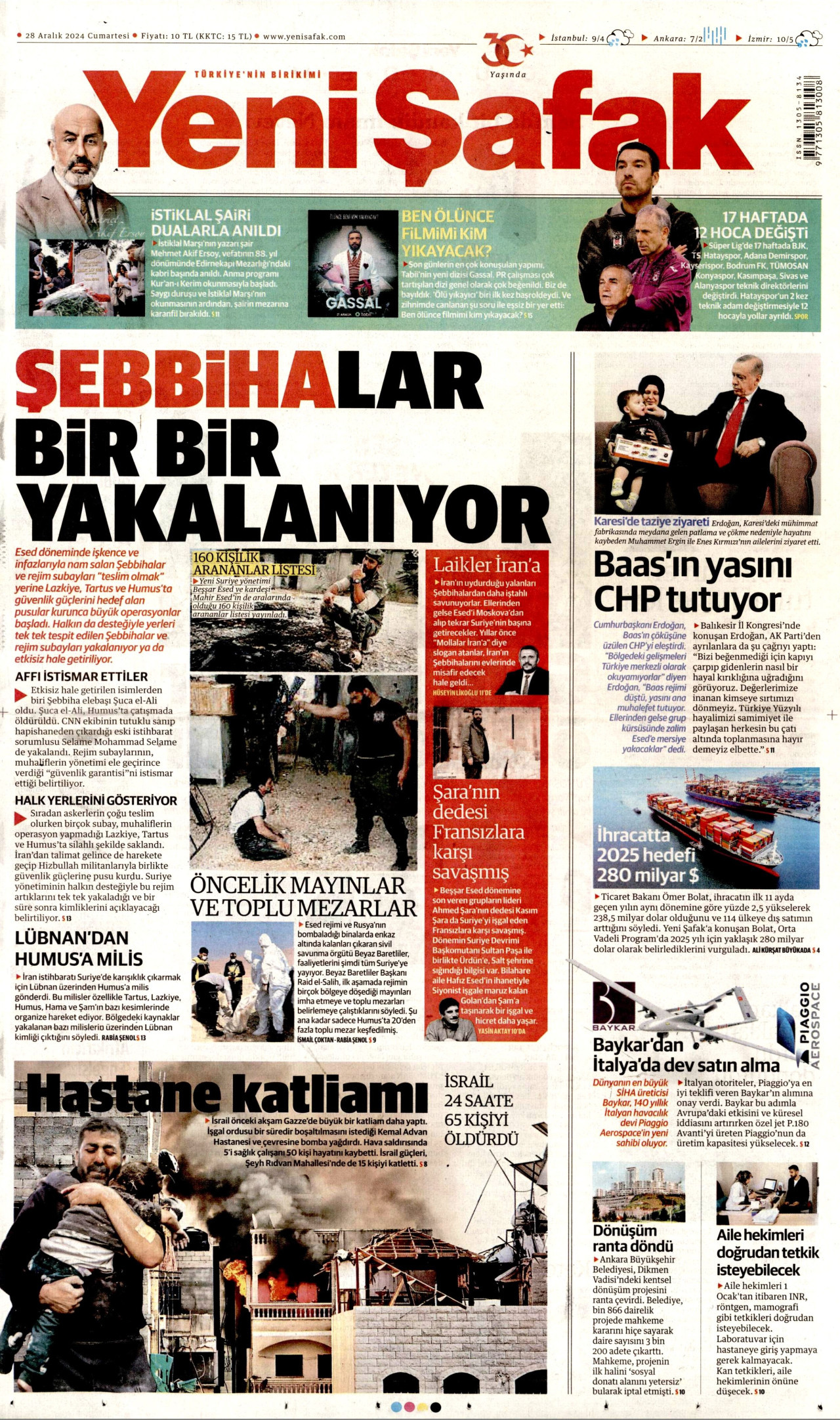 YENİ ŞAFAK gazetesinin 28 Aralık 2024 tarihli birinci sayfası