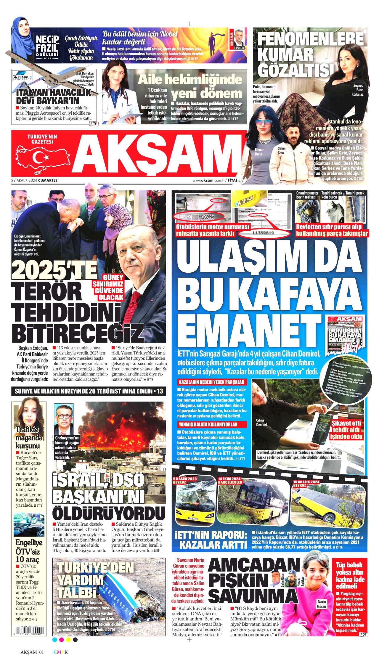 AKŞAM gazetesinin 28 Aralık 2024 tarihli birinci sayfası