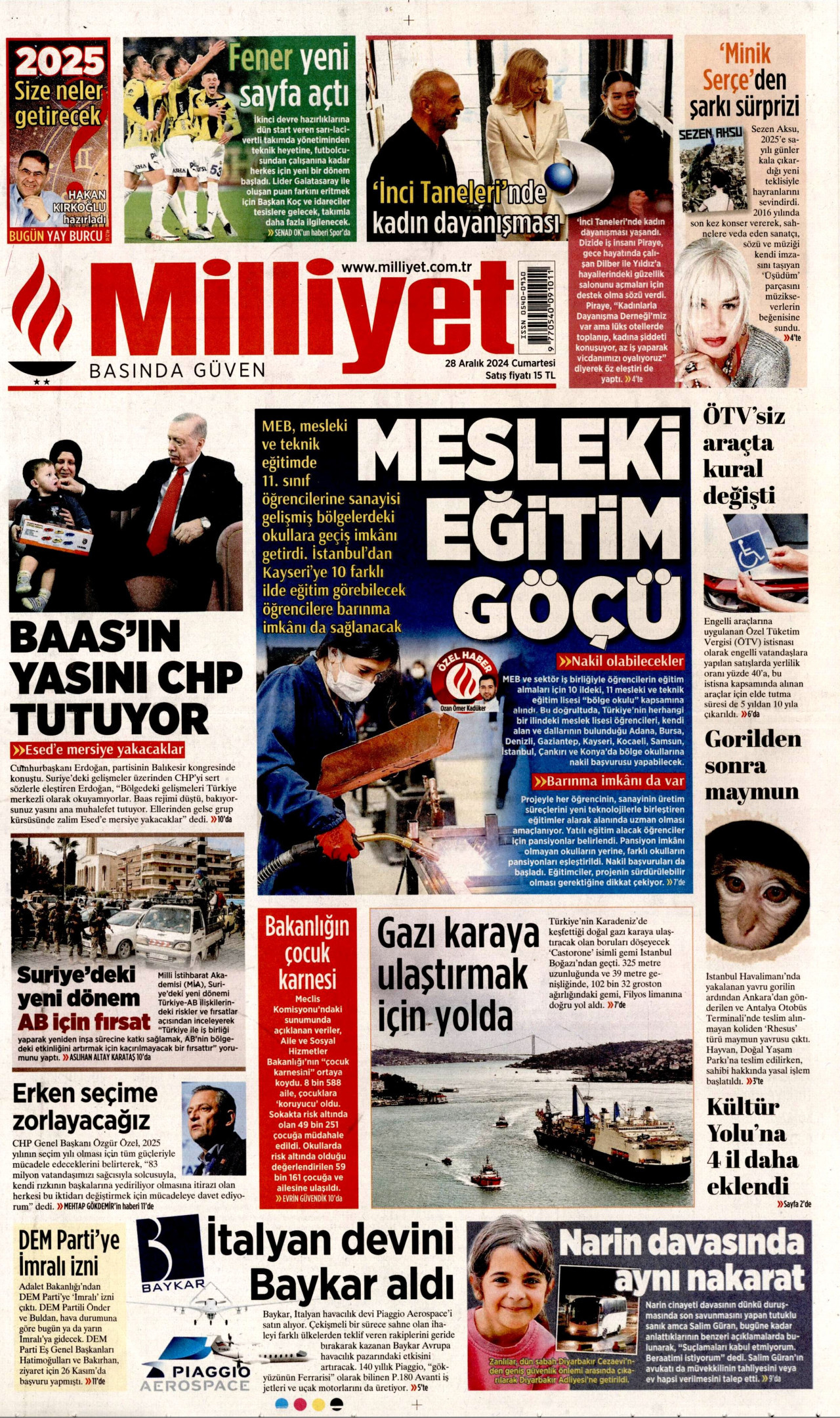 MİLLİYET gazetesinin 28 Aralık 2024 tarihli birinci sayfası