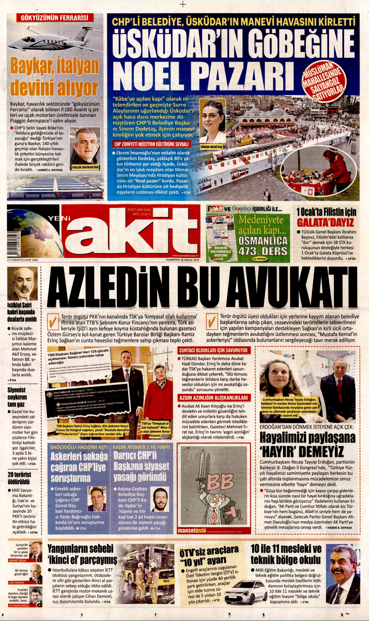 YENİ AKİT gazetesinin 28 Aralık 2024 tarihli birinci sayfası