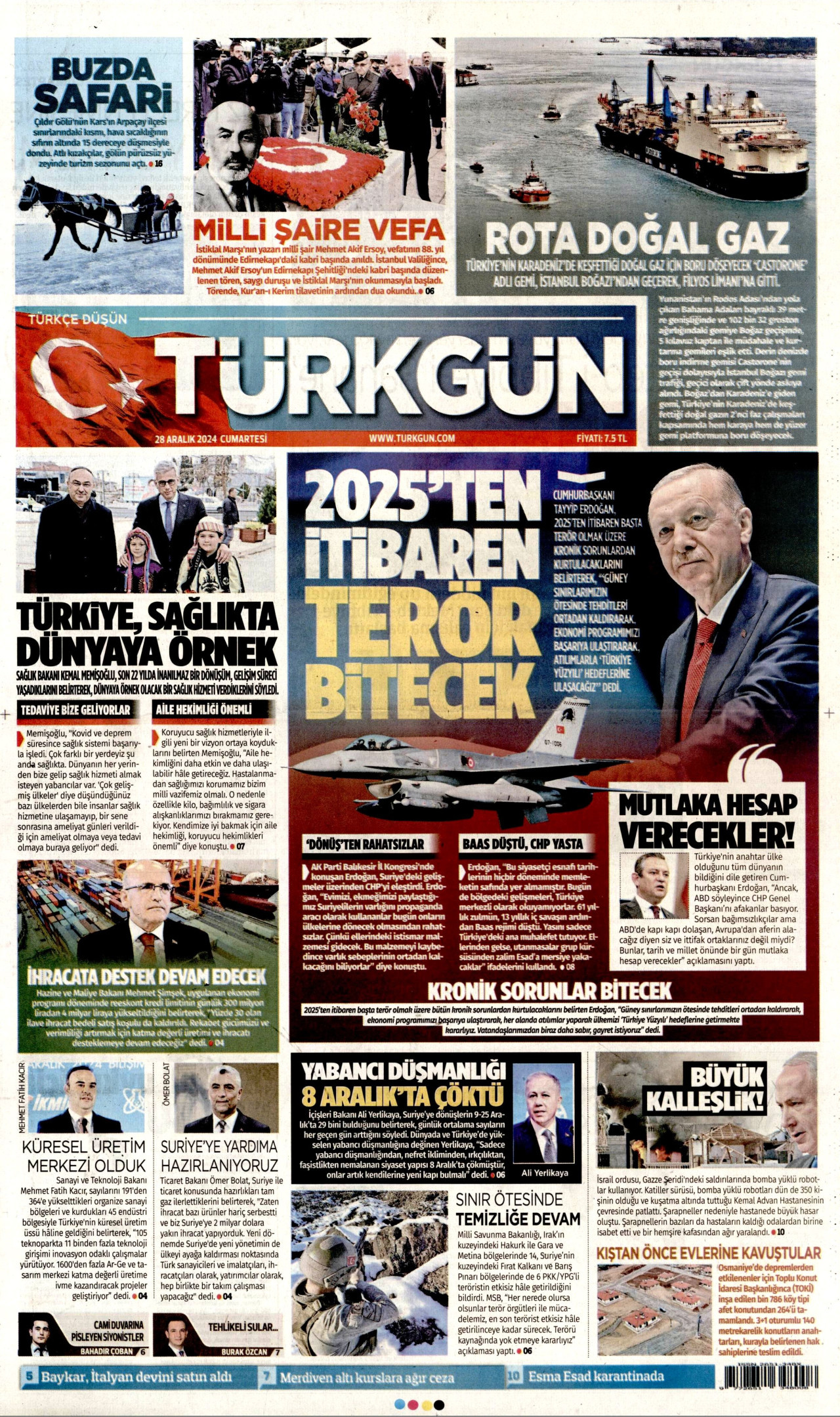 TÜRKGÜN gazetesinin 28 Aralık 2024 tarihli birinci sayfası