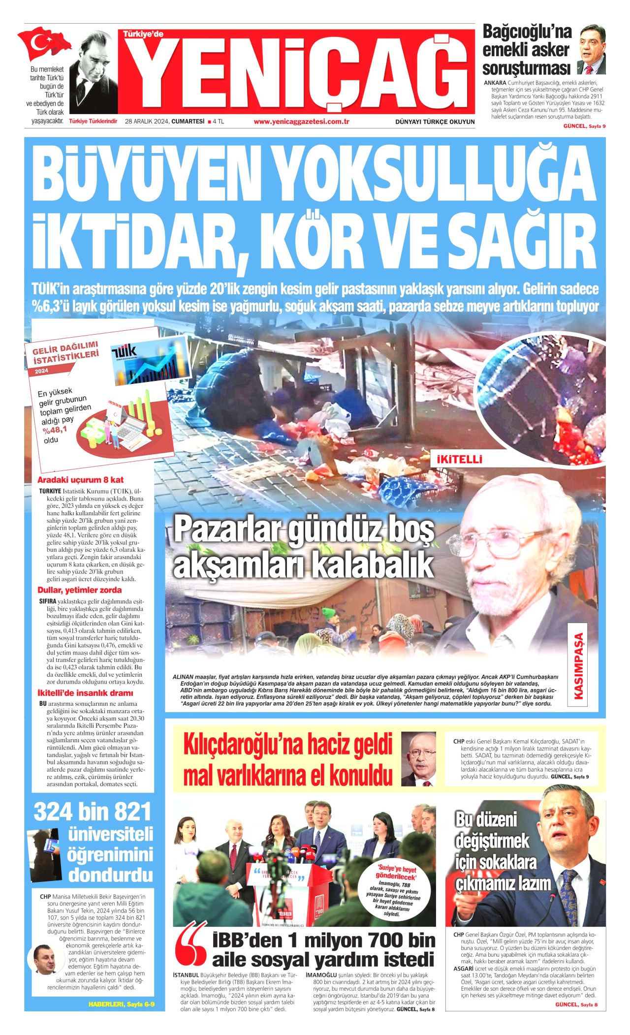 YENİÇAĞ gazetesinin 28 Aralık 2024 tarihli birinci sayfası