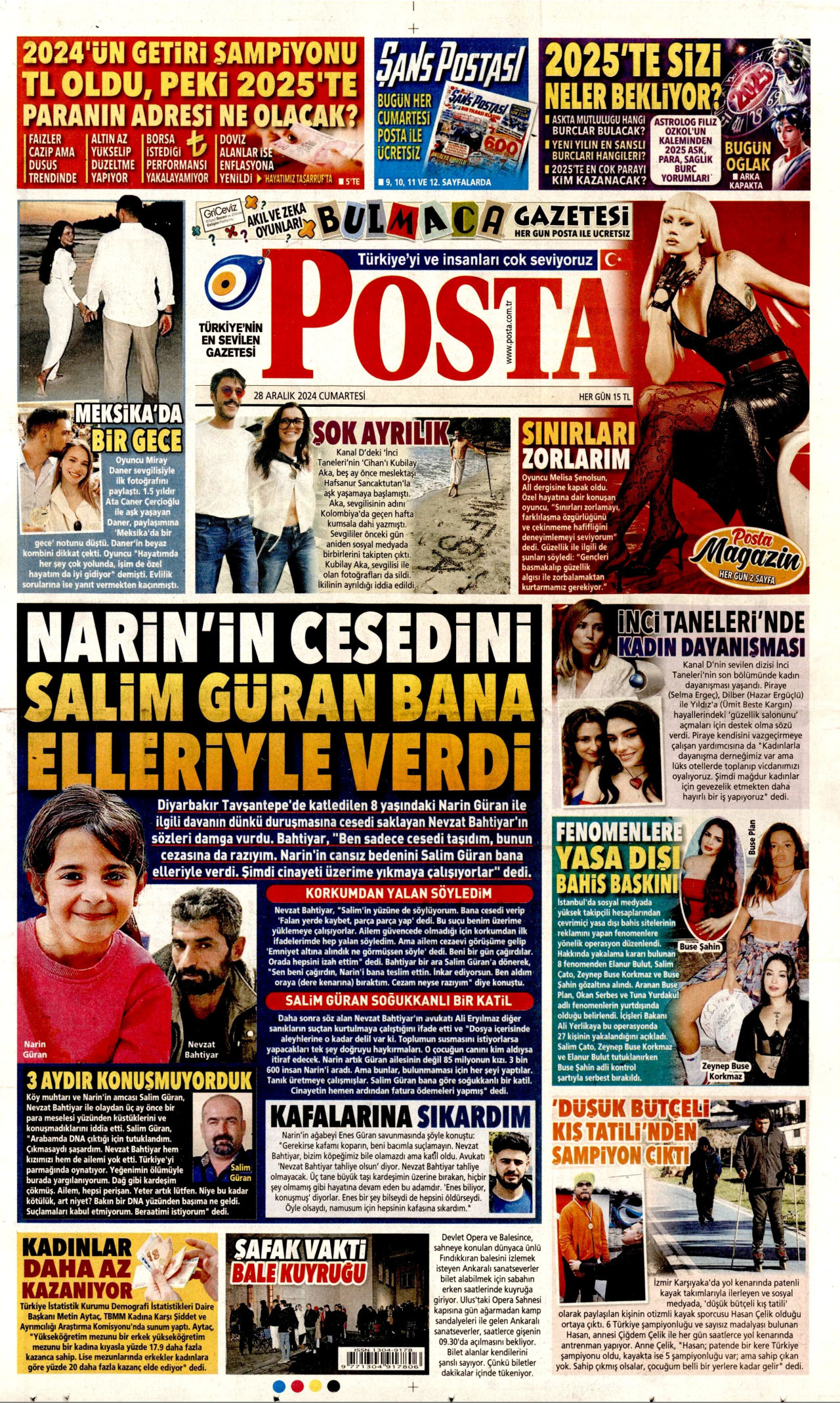 POSTA gazetesinin 28 Aralık 2024 tarihli birinci sayfası