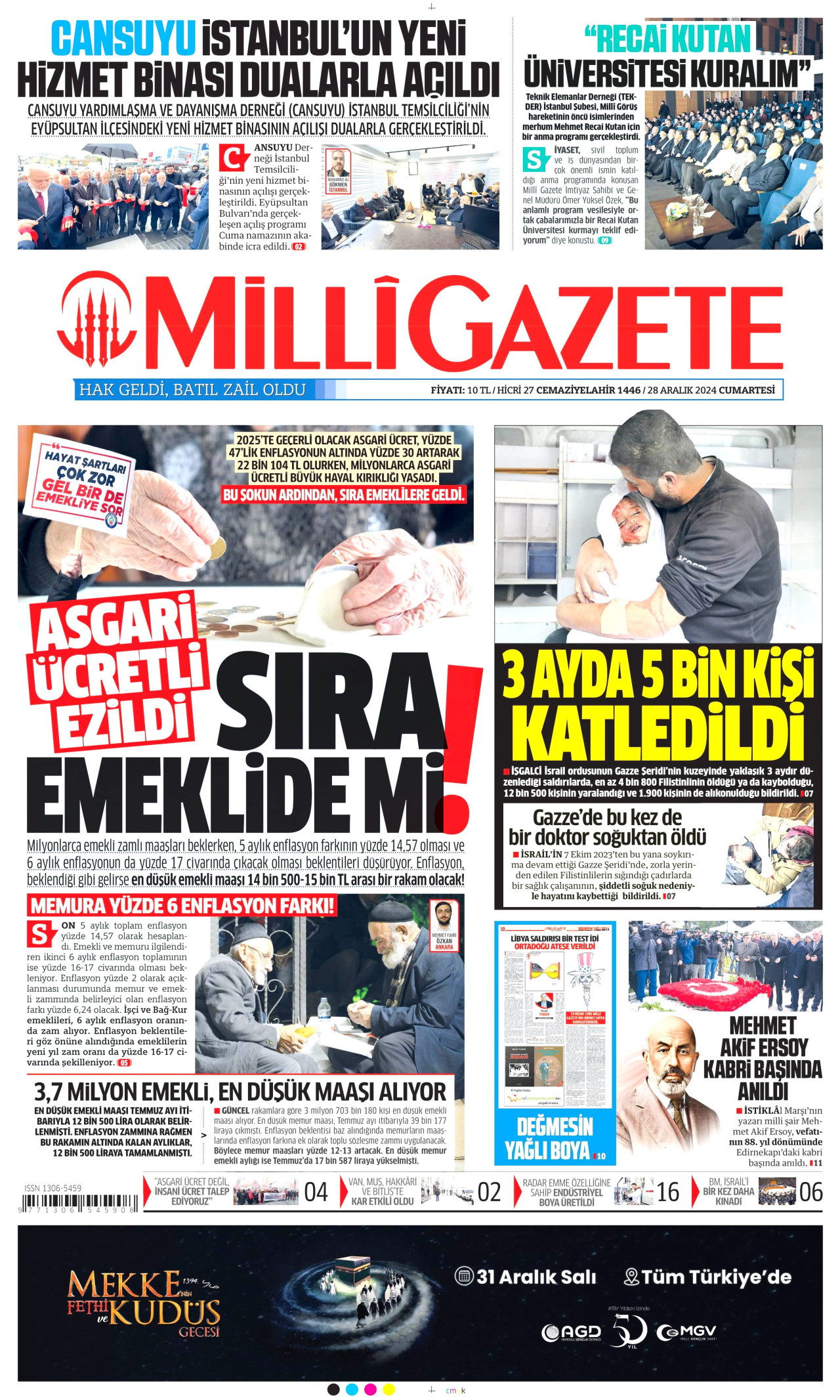 MİLLİ GAZETE gazetesinin 28 Aralık 2024 tarihli birinci sayfası