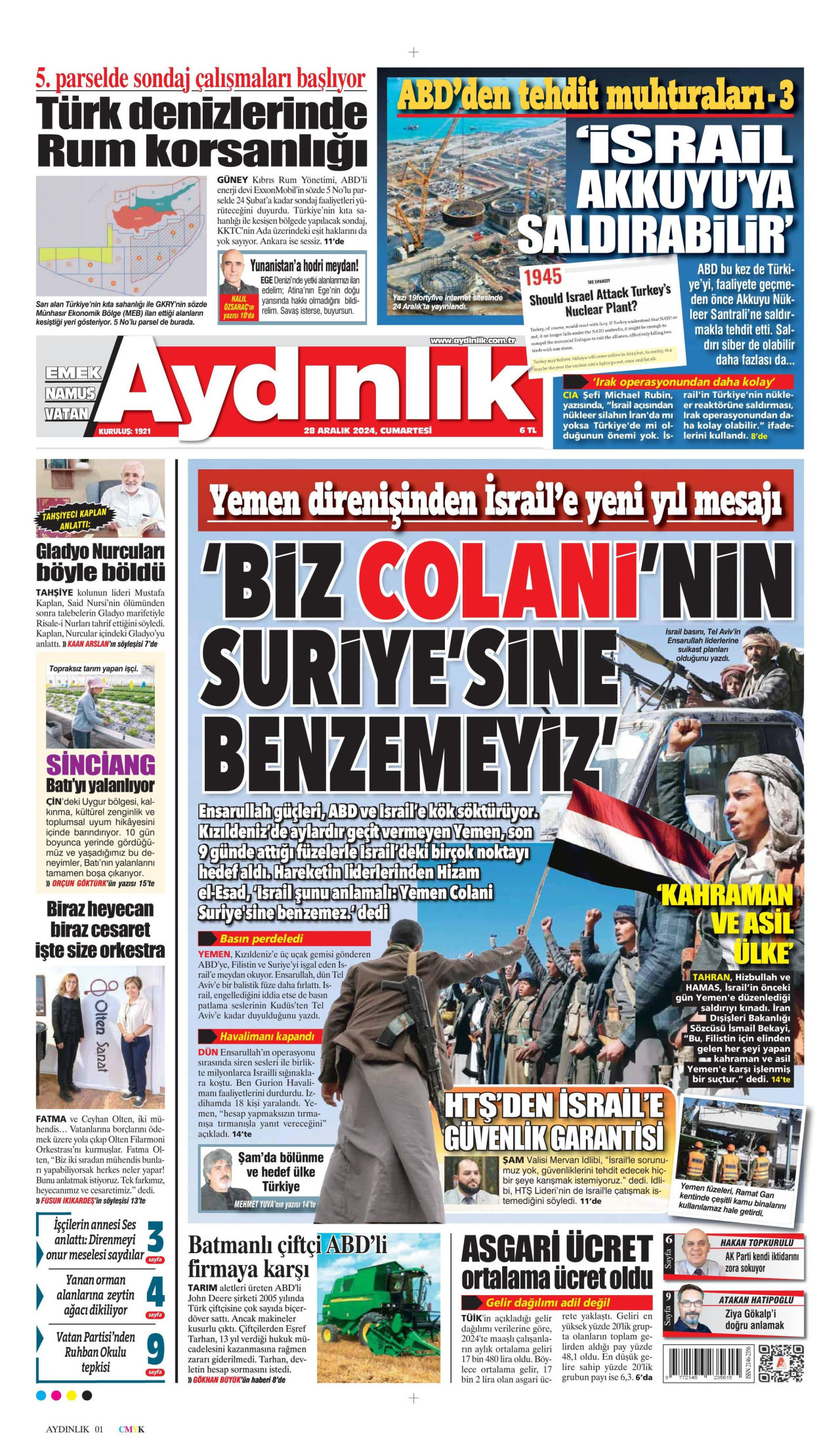 AYDINLIK GAZETESİ gazetesinin 28 Aralık 2024 tarihli birinci sayfası