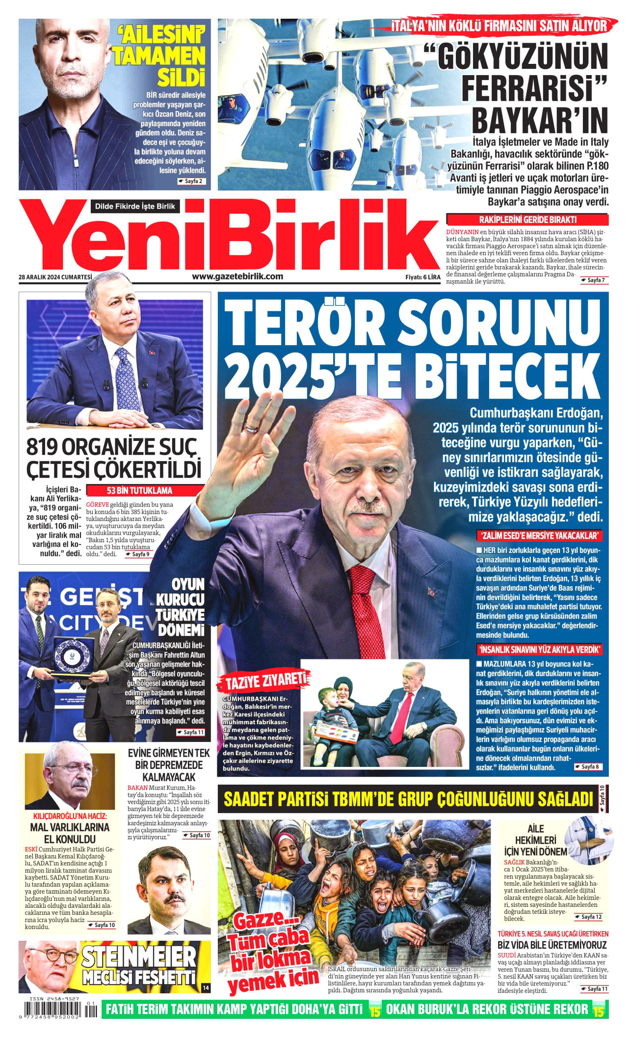 YENİBİRLİK gazetesinin 28 Aralık 2024 tarihli birinci sayfası