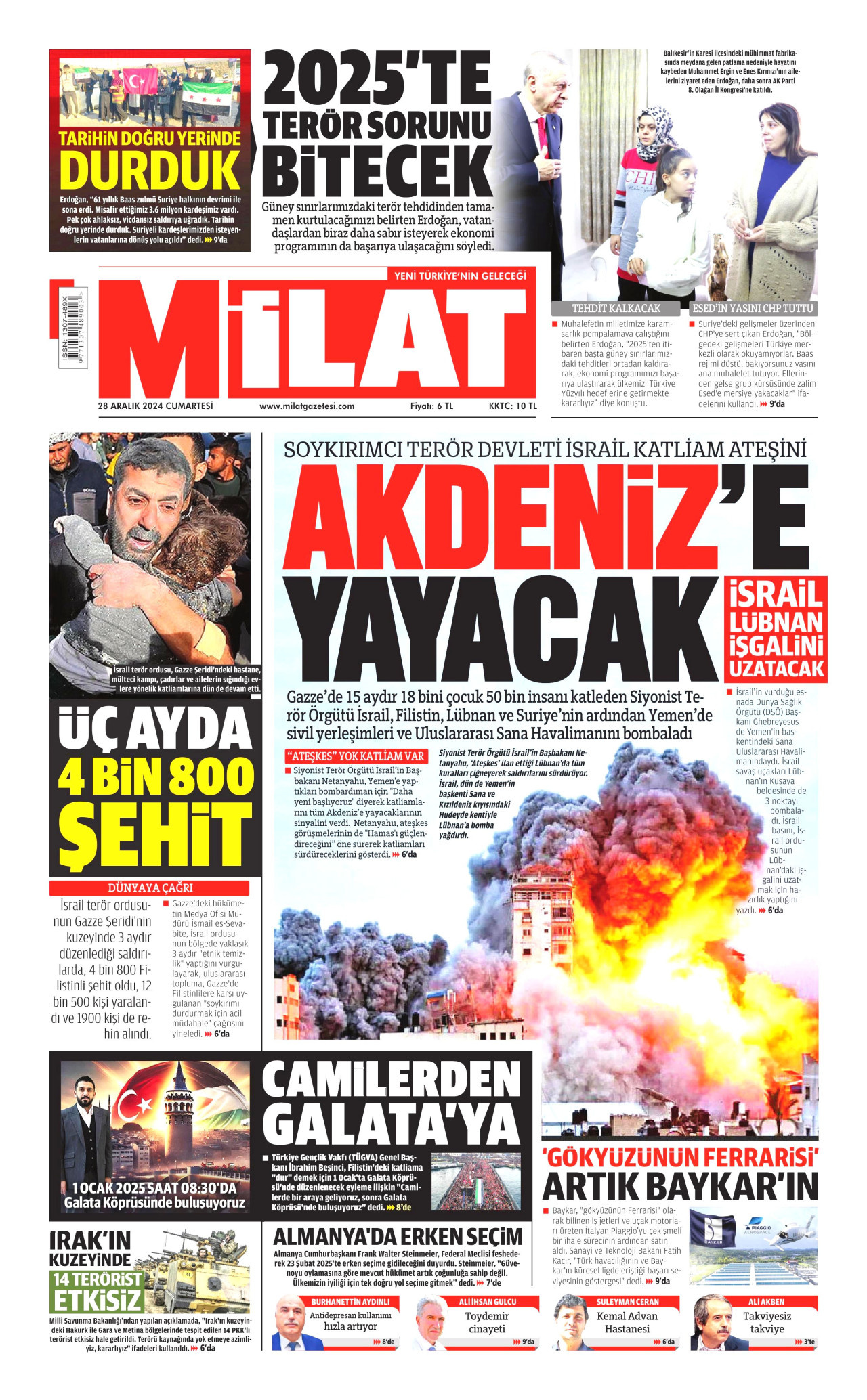 MİLAT gazetesinin 28 Aralık 2024 tarihli birinci sayfası