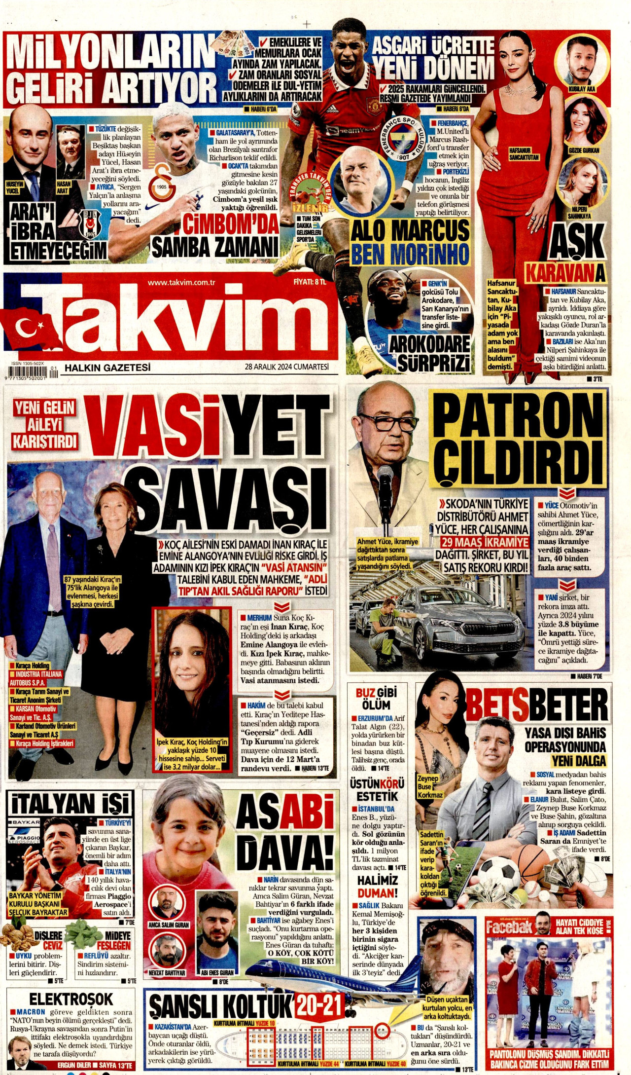 TAKVİM gazetesinin 28 Aralık 2024 tarihli birinci sayfası