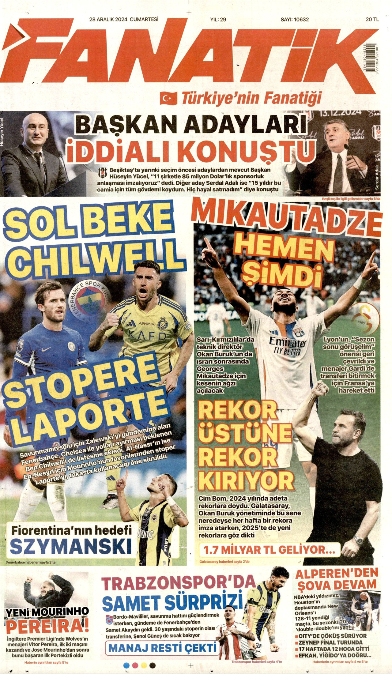 FANATİK gazetesinin 28 Aralık 2024 tarihli birinci sayfası