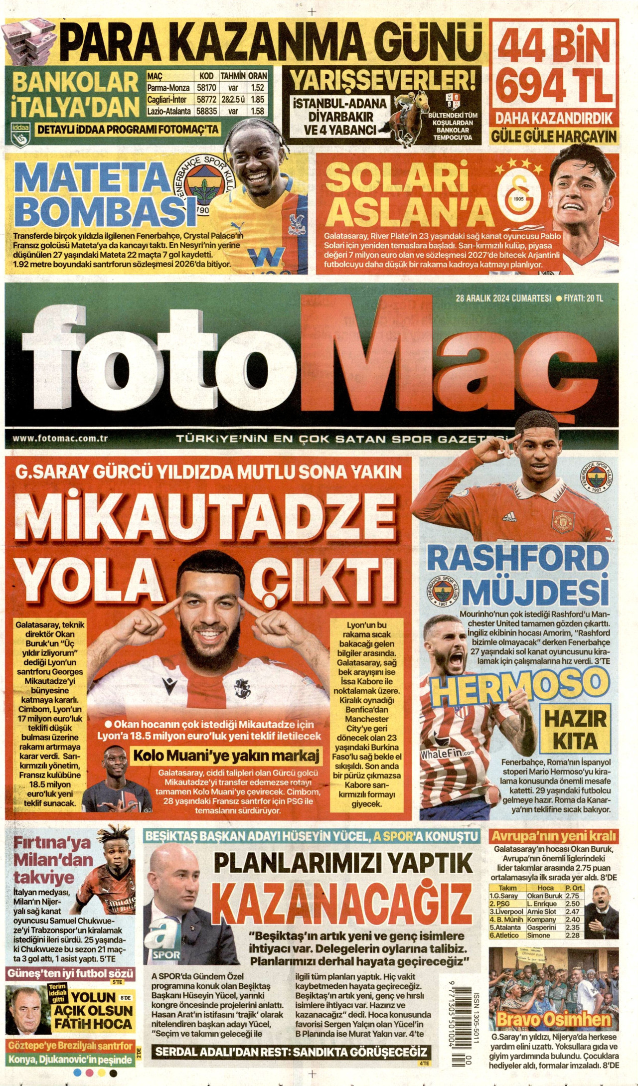 FOTOMAÇ gazetesinin 28 Aralık 2024 tarihli birinci sayfası