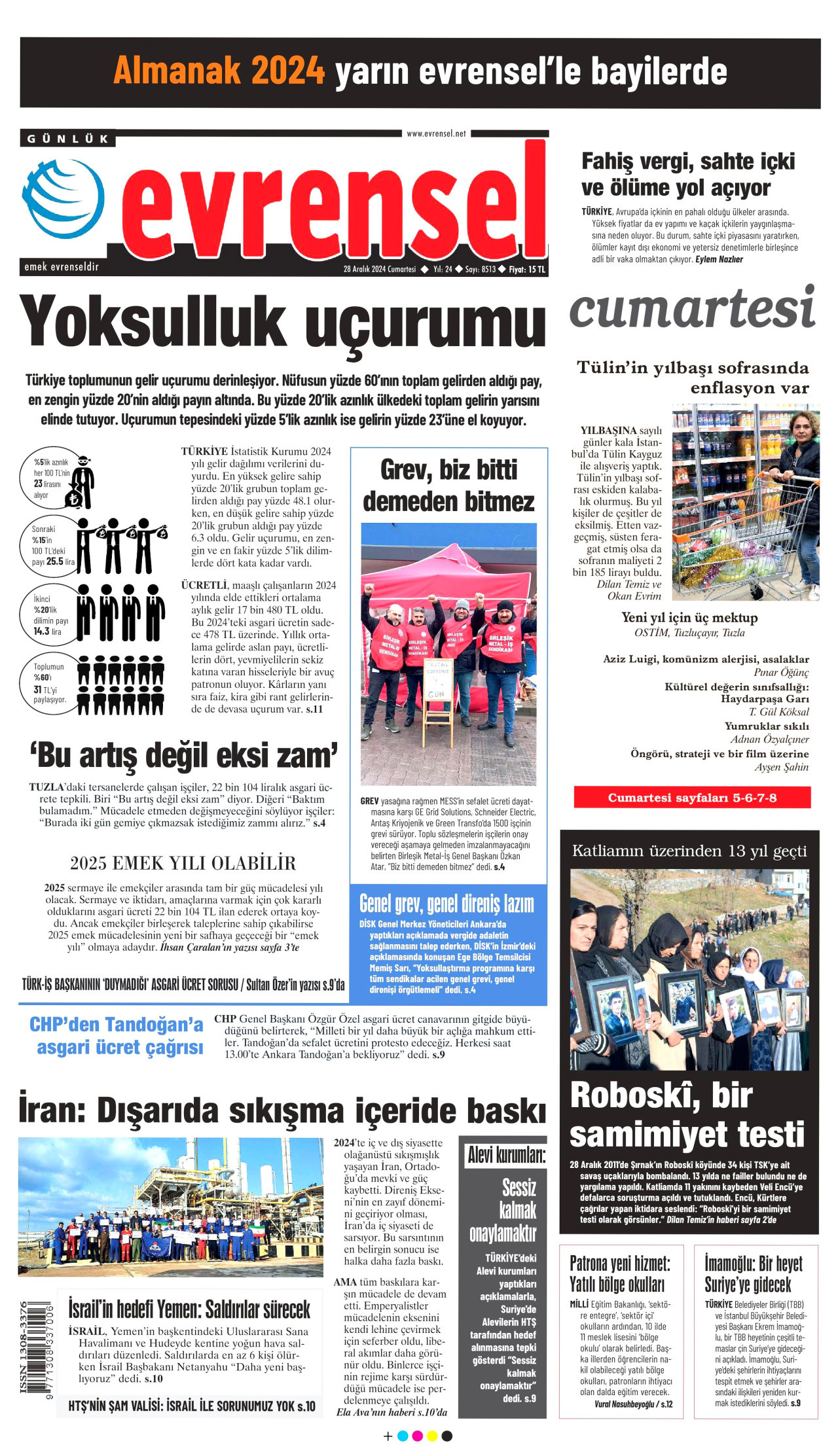 EVRENSEL gazetesinin 28 Aralık 2024 tarihli birinci sayfası
