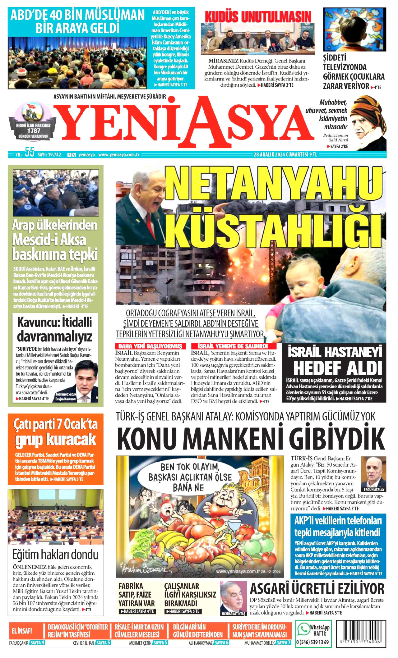 YENİ ASYA gazetesinin 28 Aralık 2024 tarihli birinci sayfası
