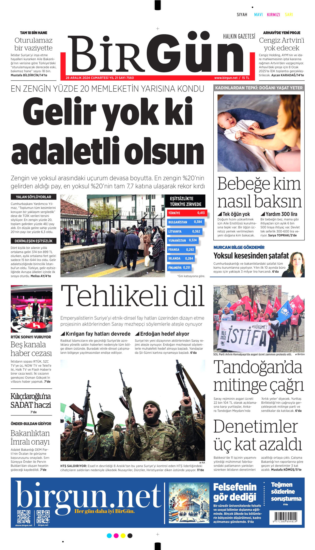 BİRGÜN gazetesinin 28 Aralık 2024 tarihli birinci sayfası