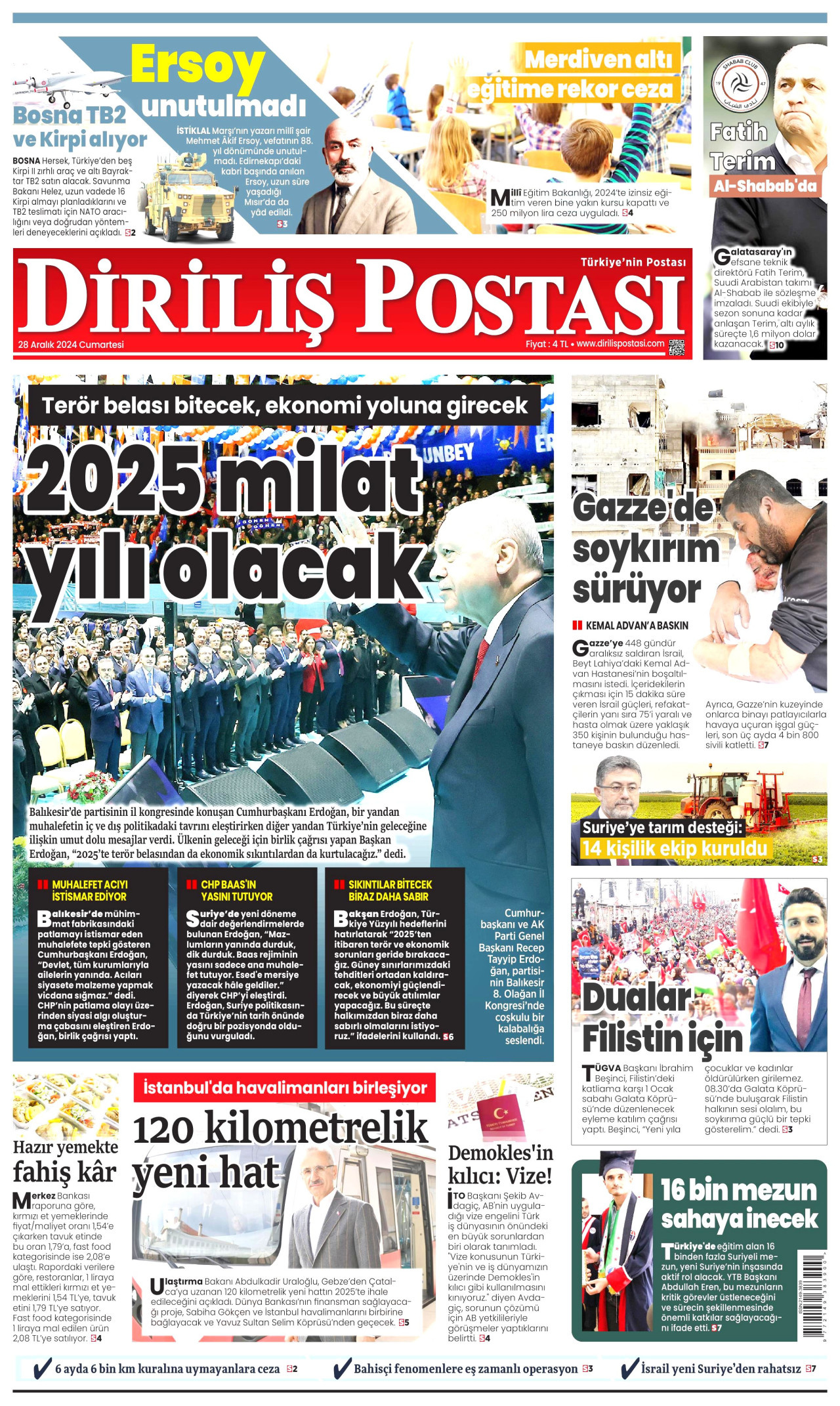 DİRİLİŞ POSTASI gazetesinin 28 Aralık 2024 tarihli birinci sayfası