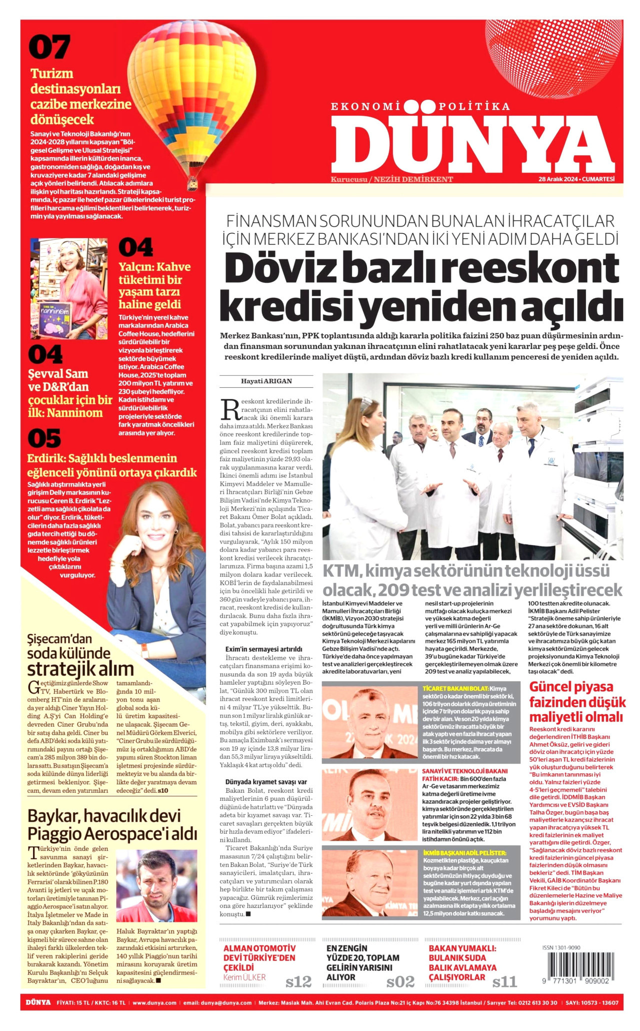 DÜNYA gazetesinin 28 Aralık 2024 tarihli birinci sayfası